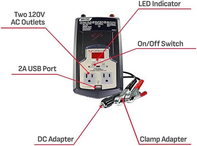 imageSchumacher Electric DC to AC Power Converter XI75DU 750 Continuous Watts 1500 Peak Wats 2 AC Outlets 2 Amp USB Port