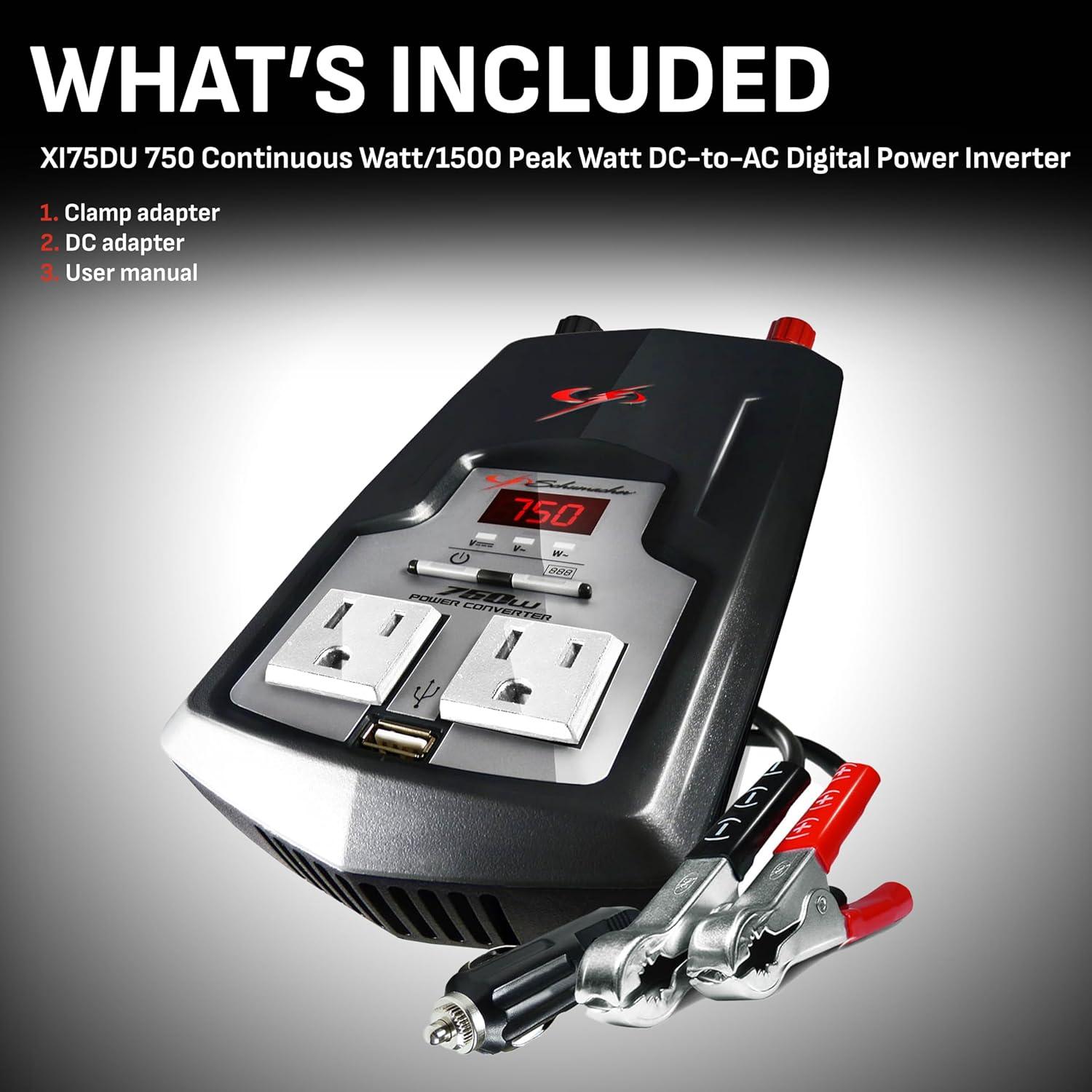 imageSchumacher Electric DC to AC Power Converter XI75DU 750 Continuous Watts 1500 Peak Wats 2 AC Outlets 2 Amp USB Port