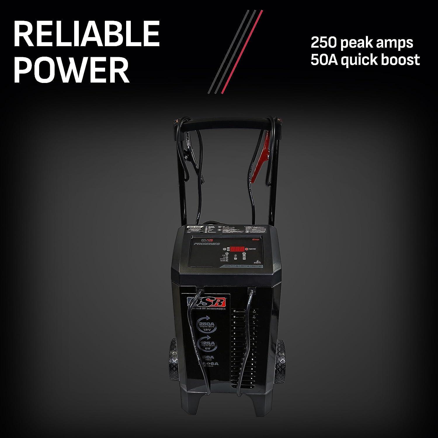 imageSchumacher Electric DSR Pro Series 12V Battery Charger ampamp Engine Starter  Heavy Duty Wheeled Battery Charger  250 Peak Amps  for Cars Trucks RVs ampamp More  DSR121DSR131