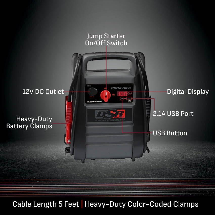 imageSchumacher Electric DSR ProSeries Car Battery Jump Starter  2200 Peak Amp 12V Car Starter Jump Box ampamp Portable Power Station  Digital Display HeavyDuty Clamps  DSR1651224V 4400 Peak Amp