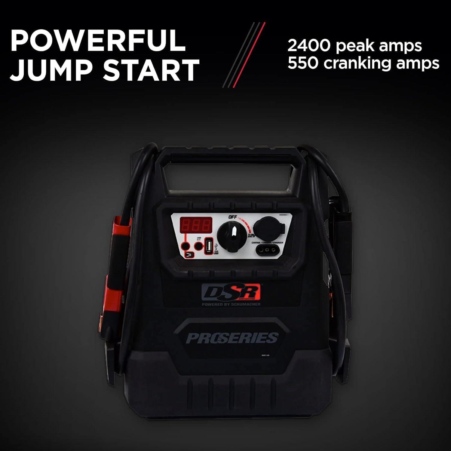 imageSchumacher Electric DSR ProSeries Car Battery Jump Starter Maintainer ampamp Portable Power Station  12V 2400 Peak Amps ampamp 500 Cranking Amps  with DC ampamp USB Charging Ports  DSR158DSR158