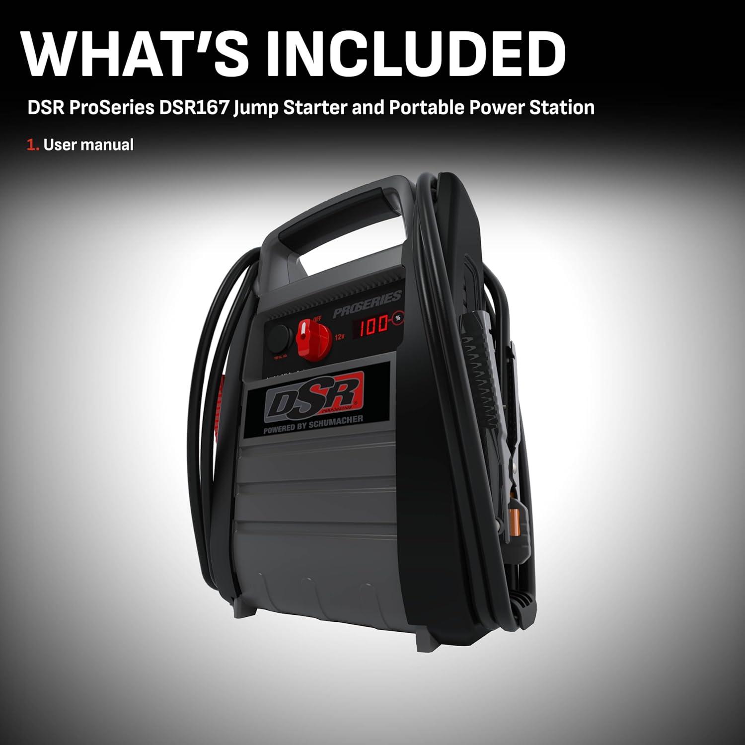imageSchumacher Electric DSR ProSeries DSR167 Jump Starter Inverter and Portable Power Station with AC 12Volt DC and USB Outlets 2250 Amps 12 Volt 400 Watt Black and Gray 1 Unit