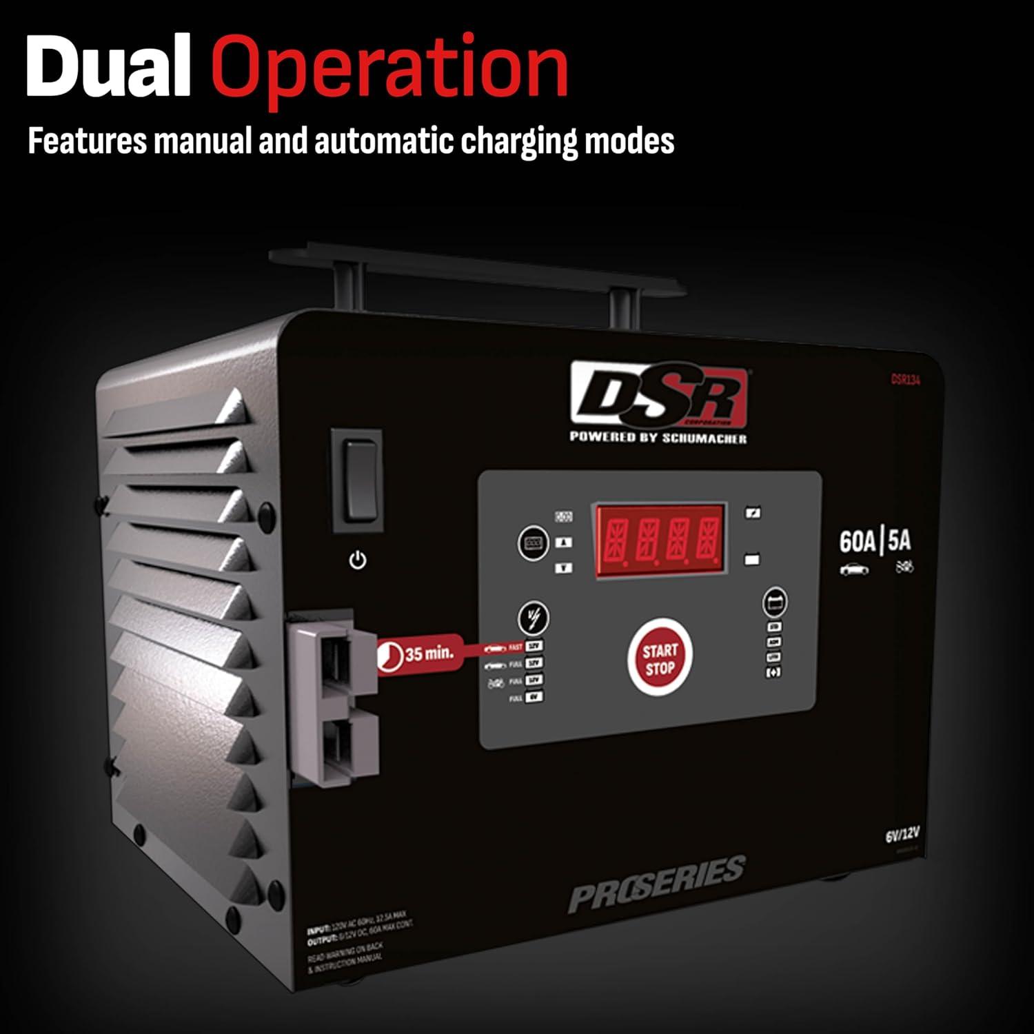 imageSchumacher Electric DSR ProfessionalGrade Rapid 60A Battery Charger and Maintainer for 6V12V Batteries Manual ampamp Automatic Operation Battery Tester DSR134 for Car Truck and Marine Batteries
