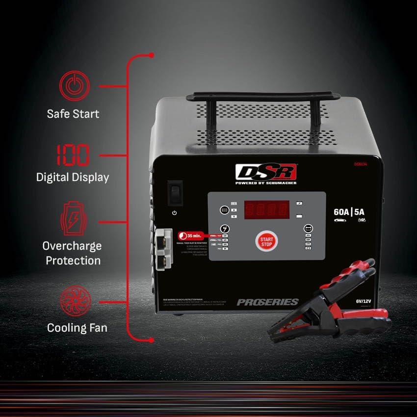 imageSchumacher Electric DSR ProfessionalGrade Rapid 60A Battery Charger and Maintainer for 6V12V Batteries Manual ampamp Automatic Operation Battery Tester DSR134 for Car Truck and Marine Batteries