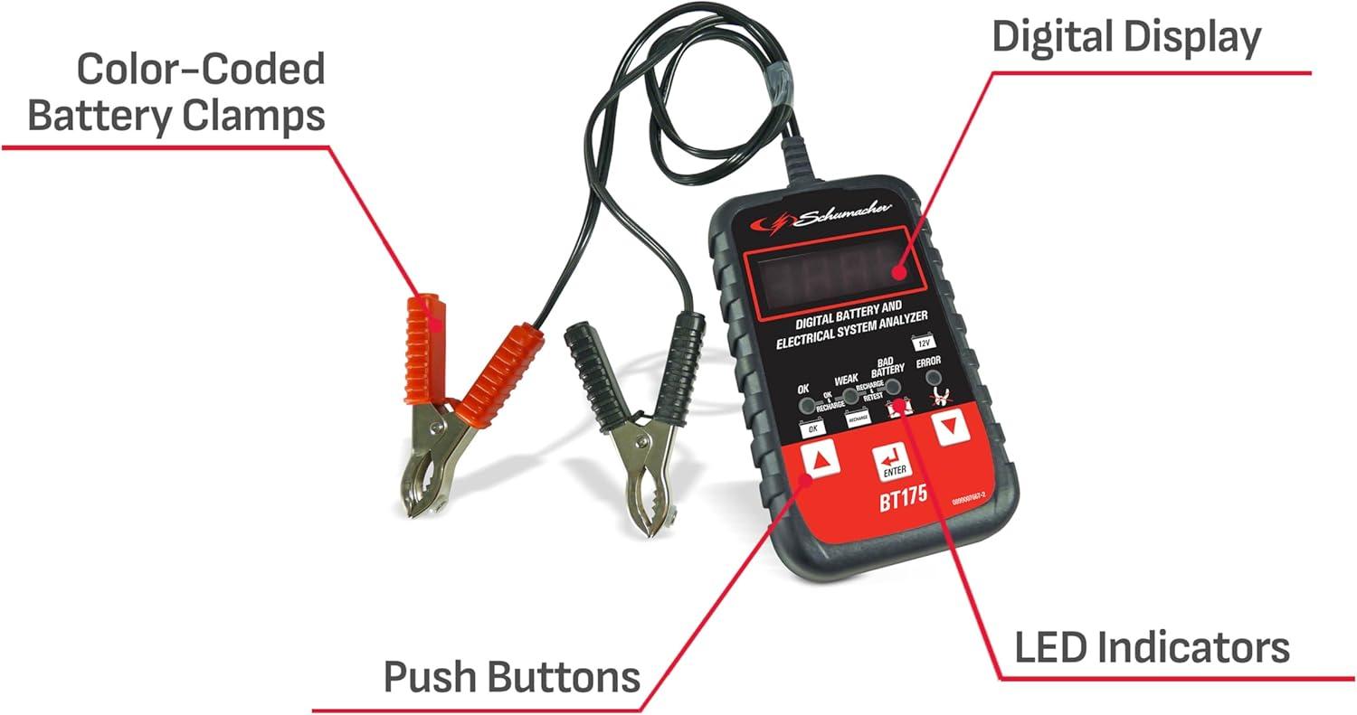 imageSchumacher Electric Digital Battery Tester BT175 3in1 12 Volt for Use with Motorcycle ATV Marine Car SUV Truck RV and Classic Car Batteries