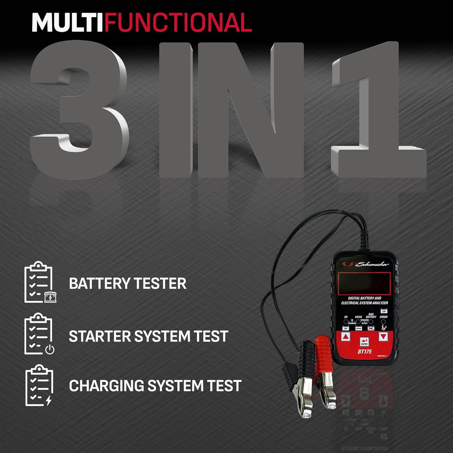 imageSchumacher Electric Digital Battery Tester BT175 3in1 12 Volt for Use with Motorcycle ATV Marine Car SUV Truck RV and Classic Car Batteries