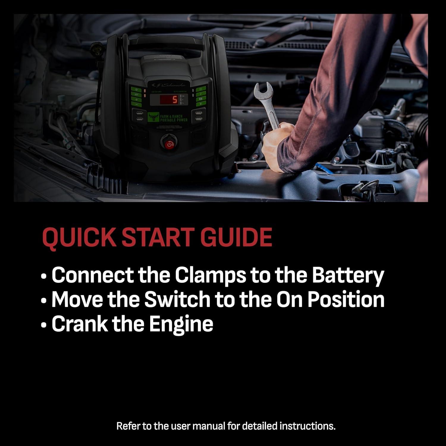 imageSchumacher Electric Farm ampamp Ranch 1200A Car Battery Jump Starter and Portable Power Station 5in1 Solution for 12V Batteries 100PSI Air Compressor 200 Continuous400 Peak Watt Inverter FR01337