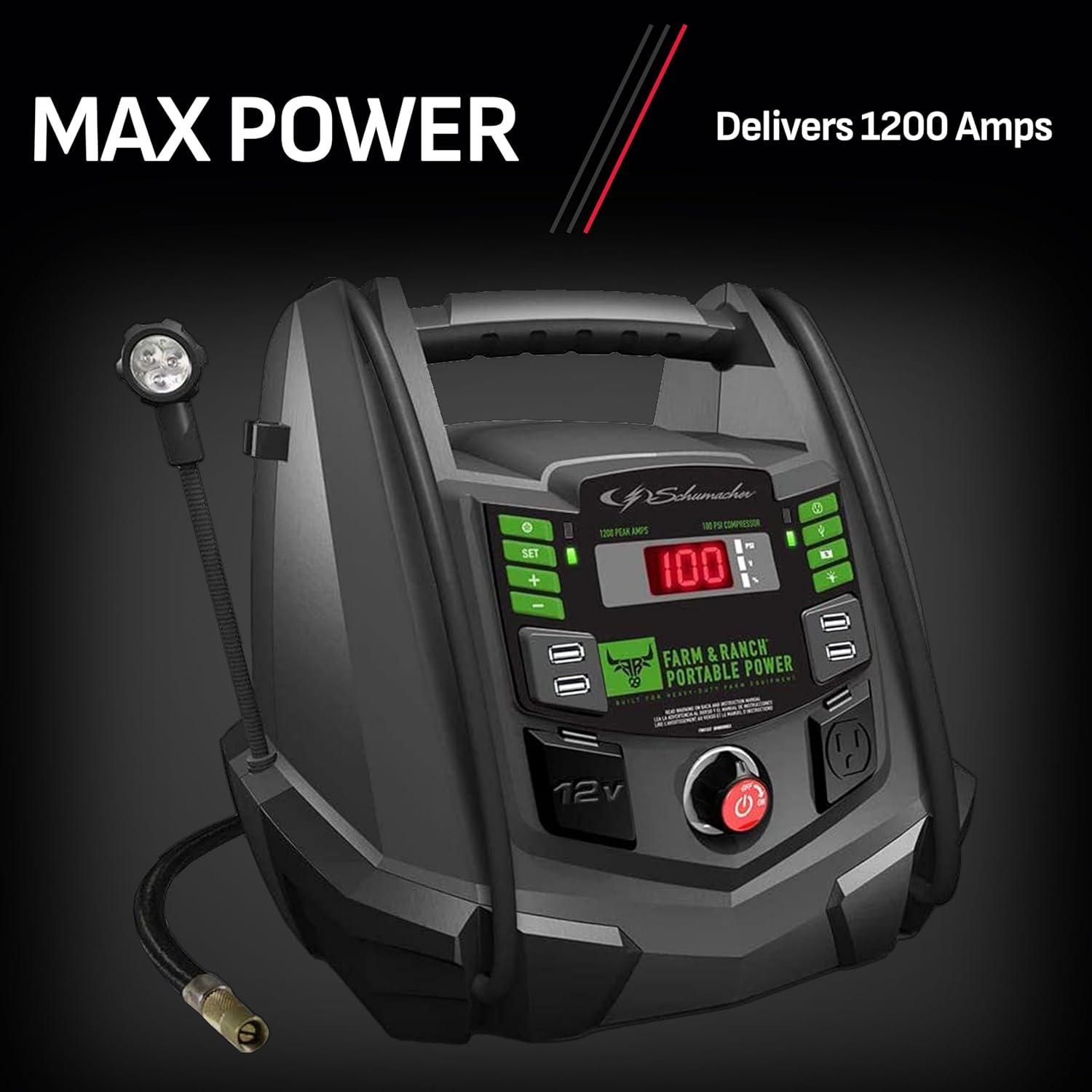 imageSchumacher Electric Farm ampamp Ranch 1200A Car Battery Jump Starter and Portable Power Station 5in1 Solution for 12V Batteries 100PSI Air Compressor 200 Continuous400 Peak Watt Inverter FR01337