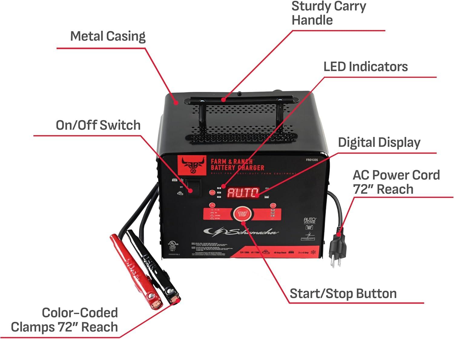 imageSchumacher Electric Farm ampamp Ranch 6A Car Battery Charger and 200A Engine Starter 4in1 Solution Maintainer 40A Boost for 6V12V Power Sport Automotive and Marine Batteries FR01335Battery Charger