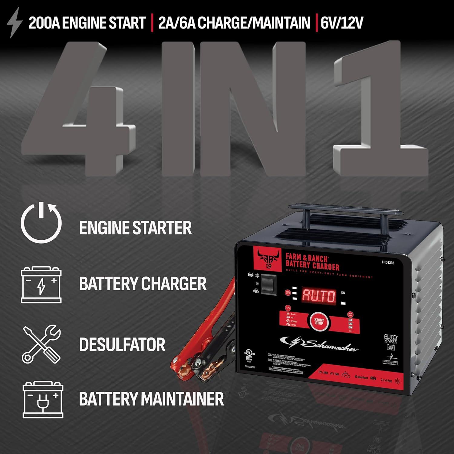 imageSchumacher Electric Farm ampamp Ranch 6A Car Battery Charger and 200A Engine Starter 4in1 Solution Maintainer 40A Boost for 6V12V Power Sport Automotive and Marine Batteries FR01335Battery Charger