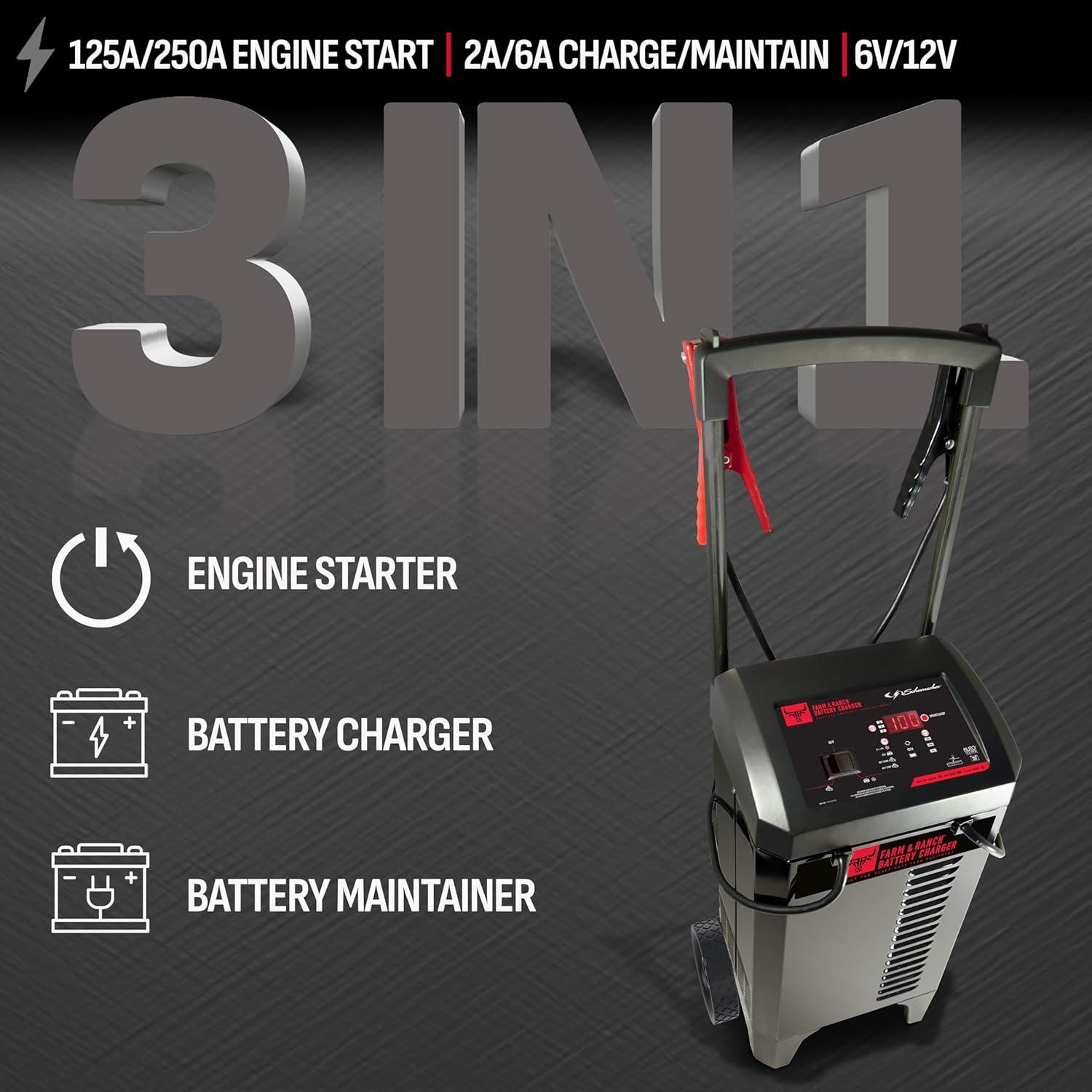 imageSchumacher Electric Farm ampamp Ranch Wheeled Automatic 6A Car Battery Charger and 250A Engine Starter 4in1 Solution Maintainer 50A Boost for 6V12V Automotive and Marine Batteries FR01336Newer Version