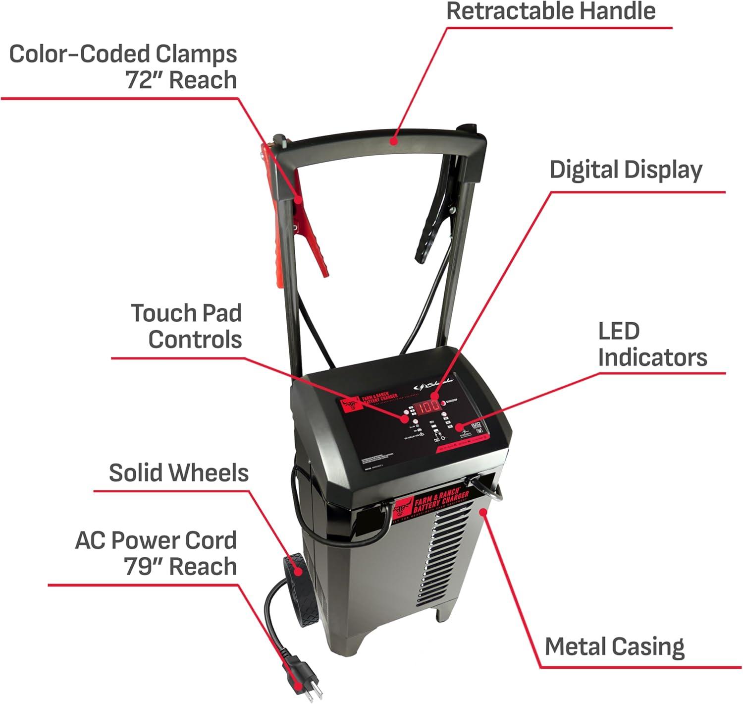 imageSchumacher Electric Farm ampamp Ranch Wheeled Automatic 6A Car Battery Charger and 250A Engine Starter 4in1 Solution Maintainer 50A Boost for 6V12V Automotive and Marine Batteries FR01336Newer Version