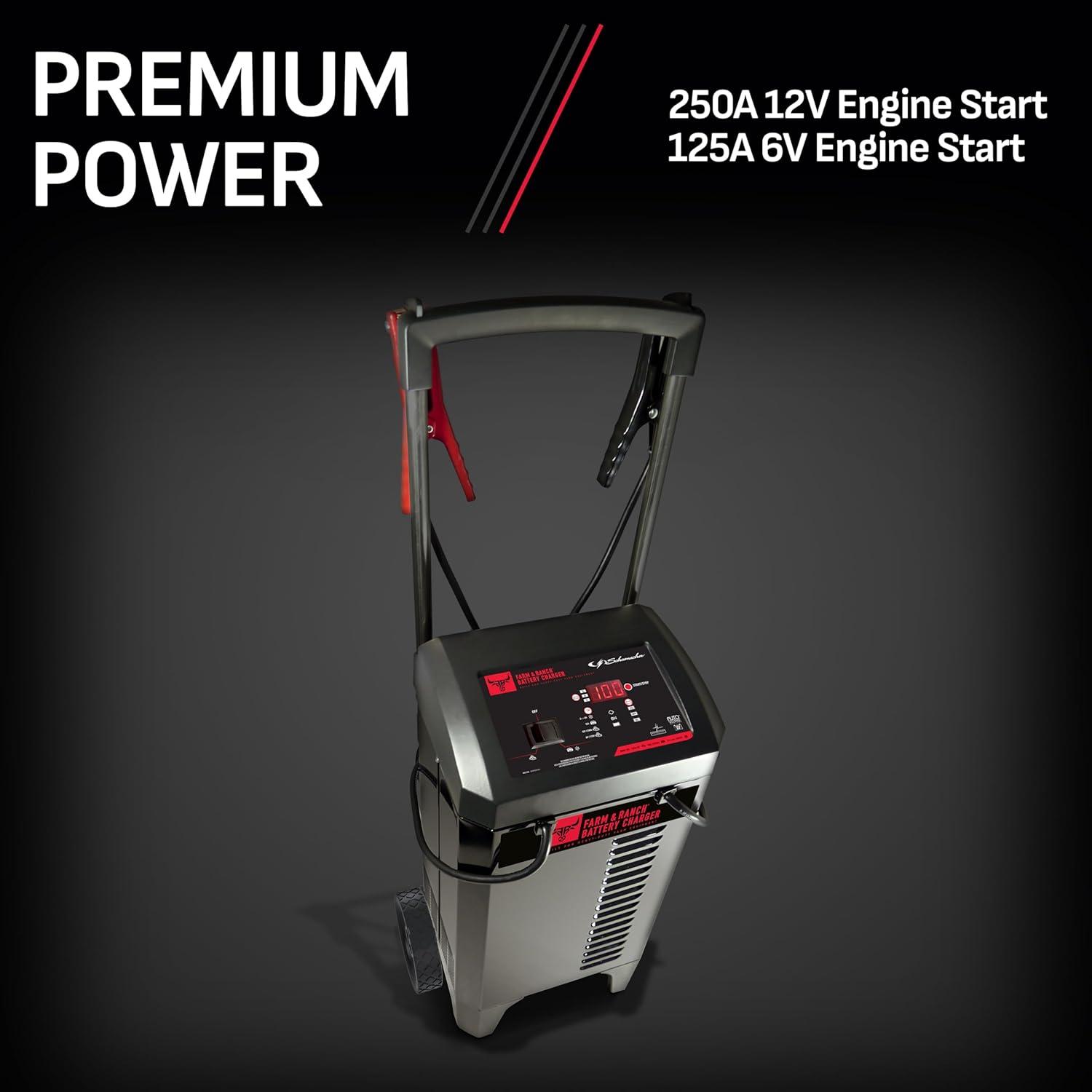 imageSchumacher Electric Farm ampamp Ranch Wheeled Automatic 6A Car Battery Charger and 250A Engine Starter 4in1 Solution Maintainer 50A Boost for 6V12V Automotive and Marine Batteries FR01336Newer Version