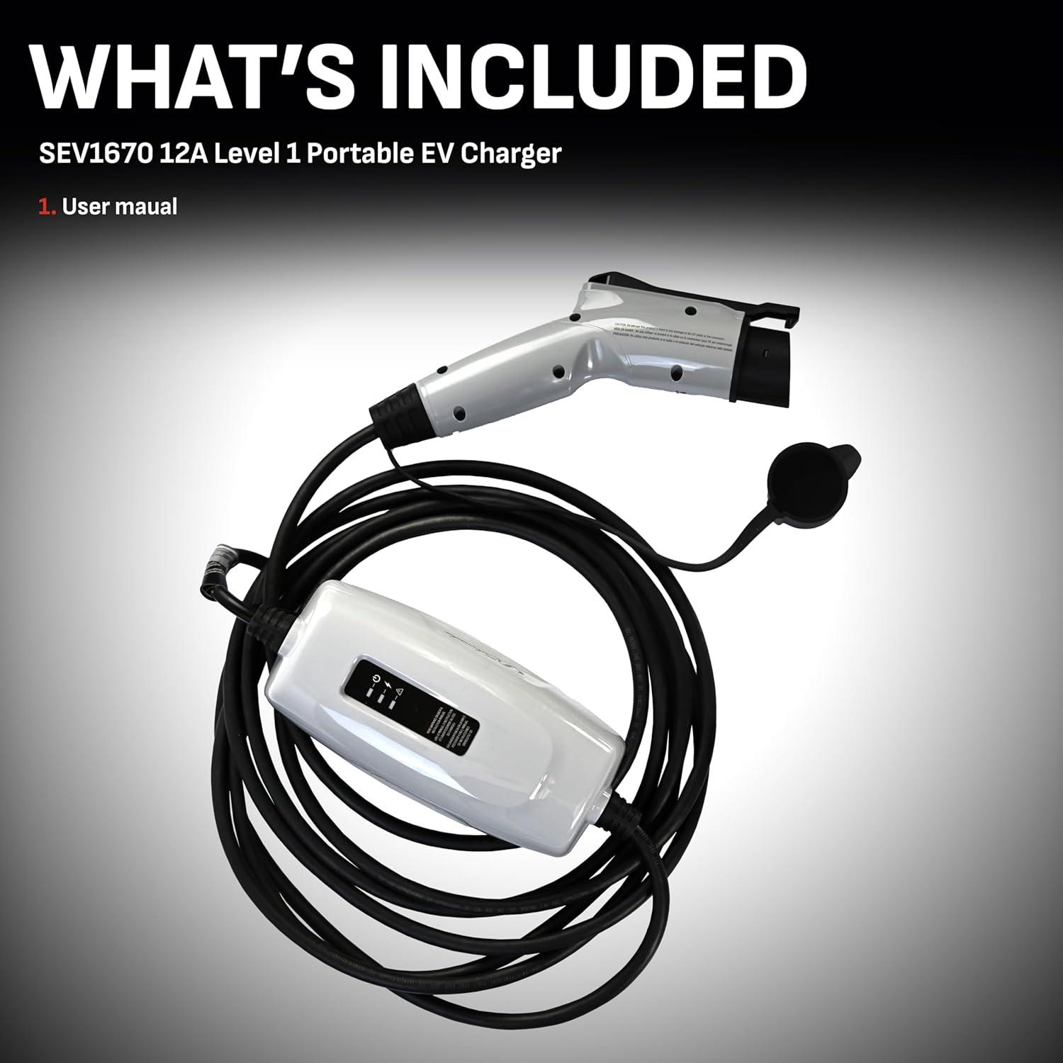 imageSchumacher Electric Level 1 Portable EV Charger 12 Amp 120 Volt NEMA 515P Plug IndoorOutdoor Charging J1772 Connector 20 Foot Charging Cable SEV1670
