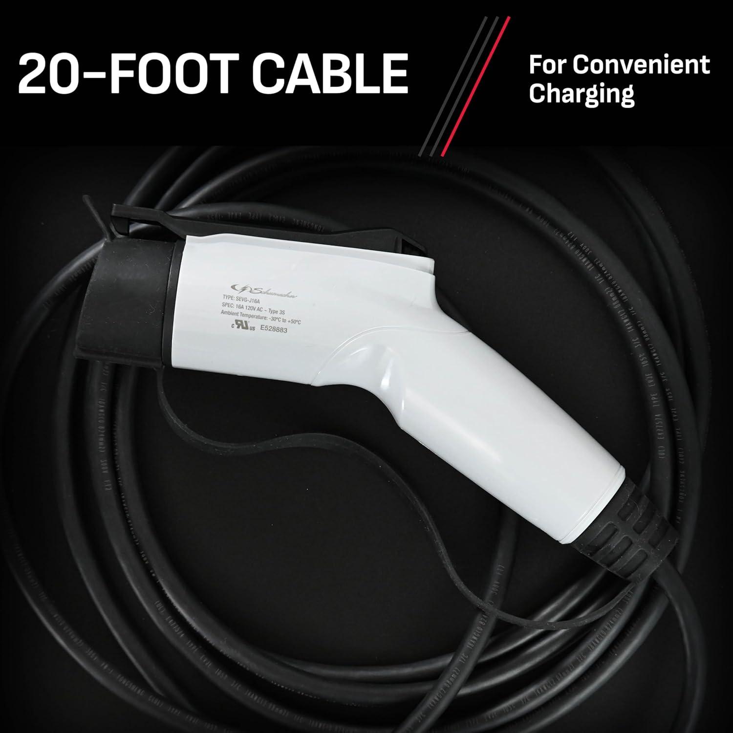 imageSchumacher Electric Level 1 Portable EV Charger 12 Amp 120 Volt NEMA 515P Plug IndoorOutdoor Charging J1772 Connector 20 Foot Charging Cable SEV1670