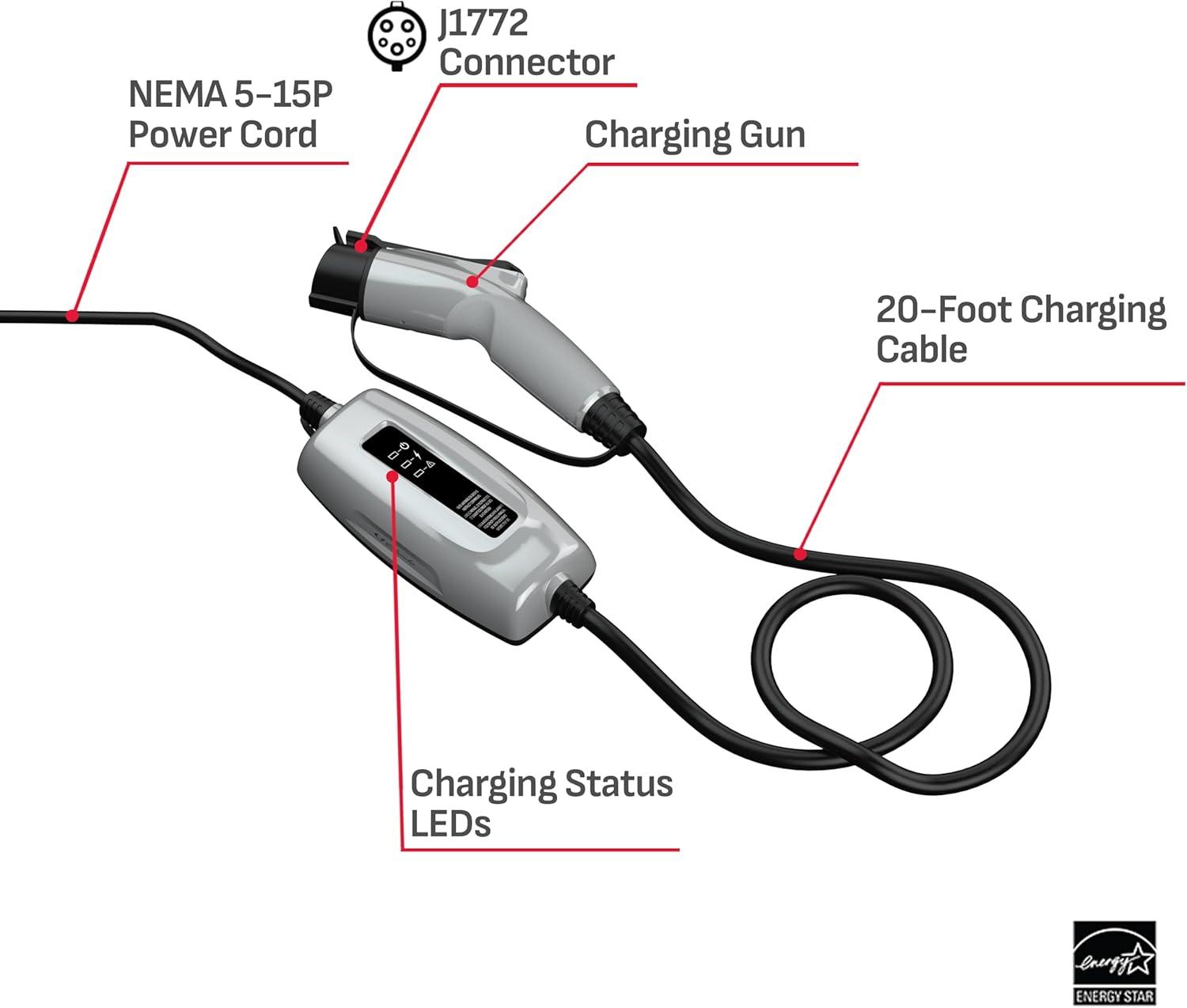 imageSchumacher Electric Level 1 Portable EV Charger 12 Amp 120 Volt NEMA 515P Plug IndoorOutdoor Charging J1772 Connector 20 Foot Charging Cable SEV1670
