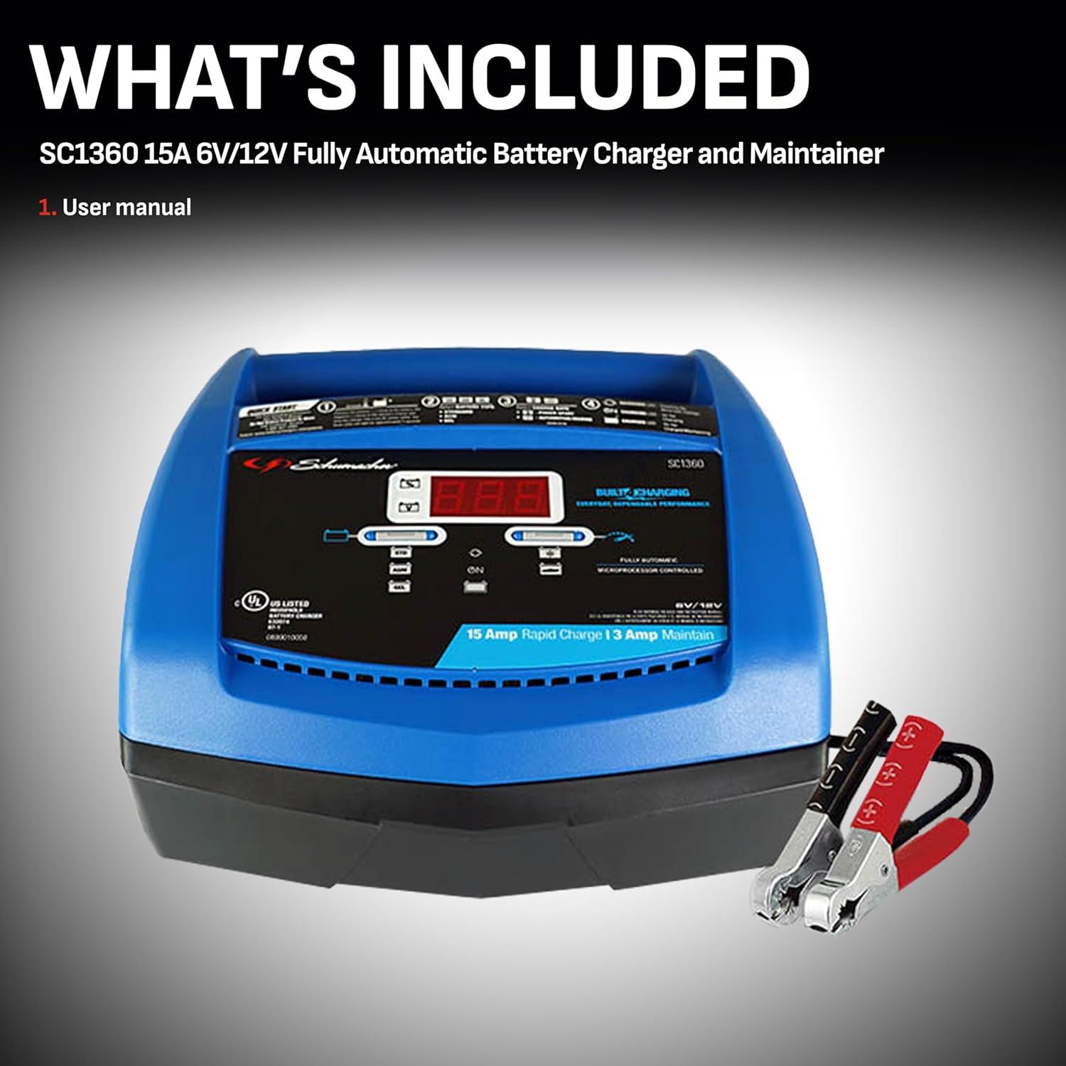 imageSchumacher Electric Ship n Shore 15A Car Battery Charger and Maintainer 4in1 Solution Battery Tester for 6V12V Power Sport Automotive and Marine Batteries SC1360Without StartStop Button