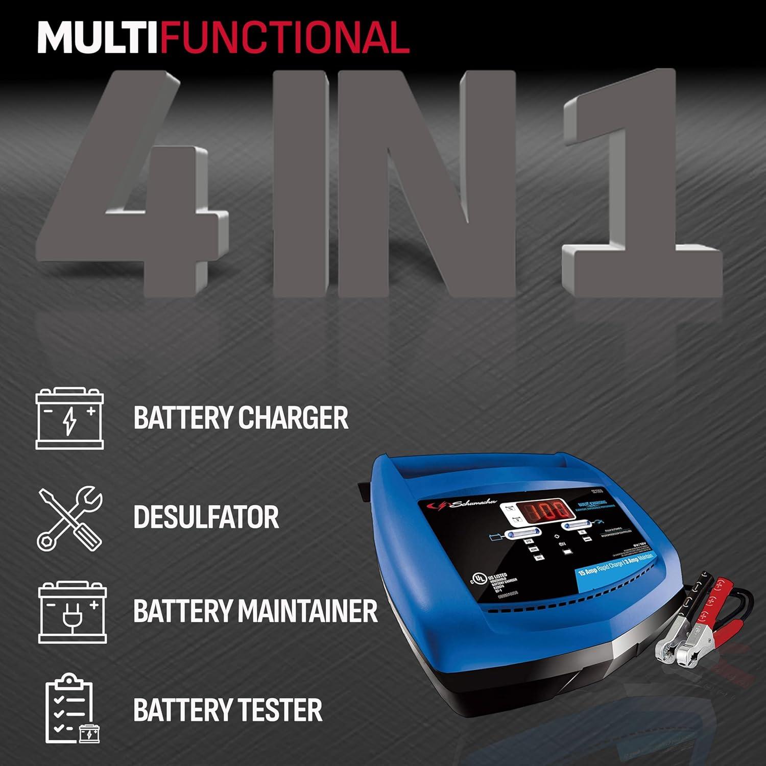 imageSchumacher Electric Ship n Shore 15A Car Battery Charger and Maintainer 4in1 Solution Battery Tester for 6V12V Power Sport Automotive and Marine Batteries SC1360Without StartStop Button