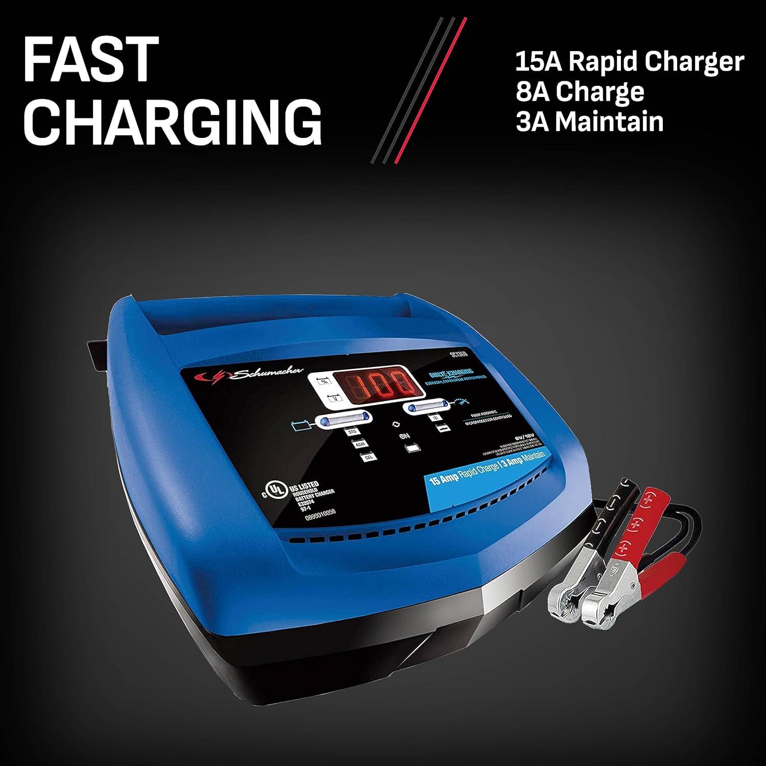 imageSchumacher Electric Ship n Shore 15A Car Battery Charger and Maintainer 4in1 Solution Battery Tester for 6V12V Power Sport Automotive and Marine Batteries SC1360Without StartStop Button
