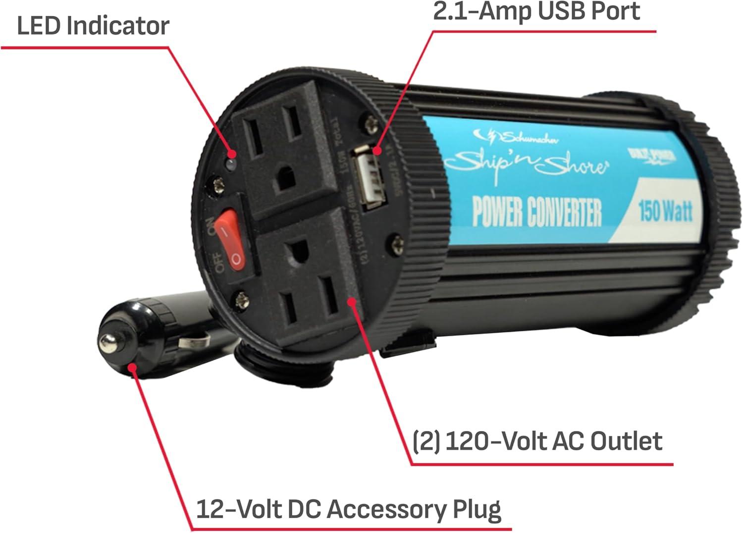 imageSchumacher Electric Ship n Shore SI1479 150 Continuous Watt300 Peak Watt DCtoAC Power Inverter Two 120Volt AC Outlets 21Amp USB Port Black 1 Unit