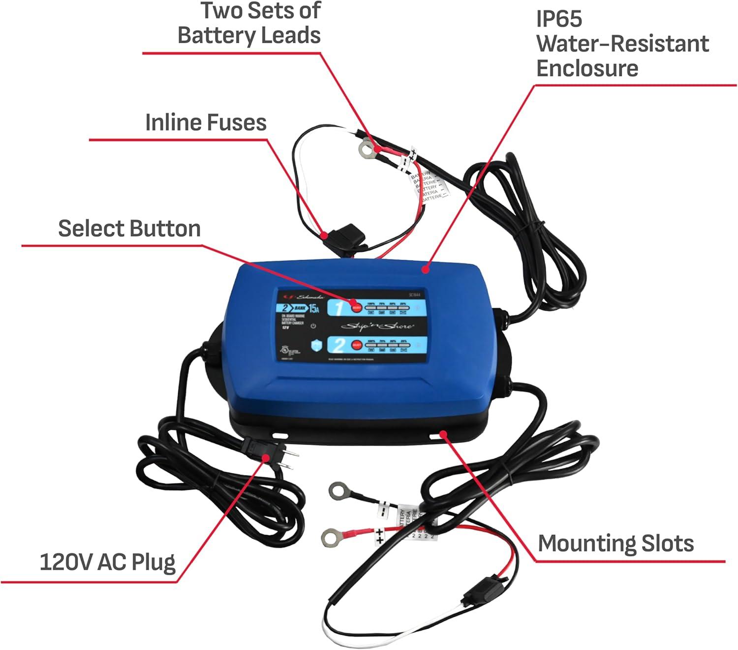 imageSchumacher Electric Ship n Shore TwoBank OnBoard 15A Car Battery Charger and Maintainer 2in1 Solution Sequential Charging for Power Sport Automotive and Marine Batteries SC16442 Bank
