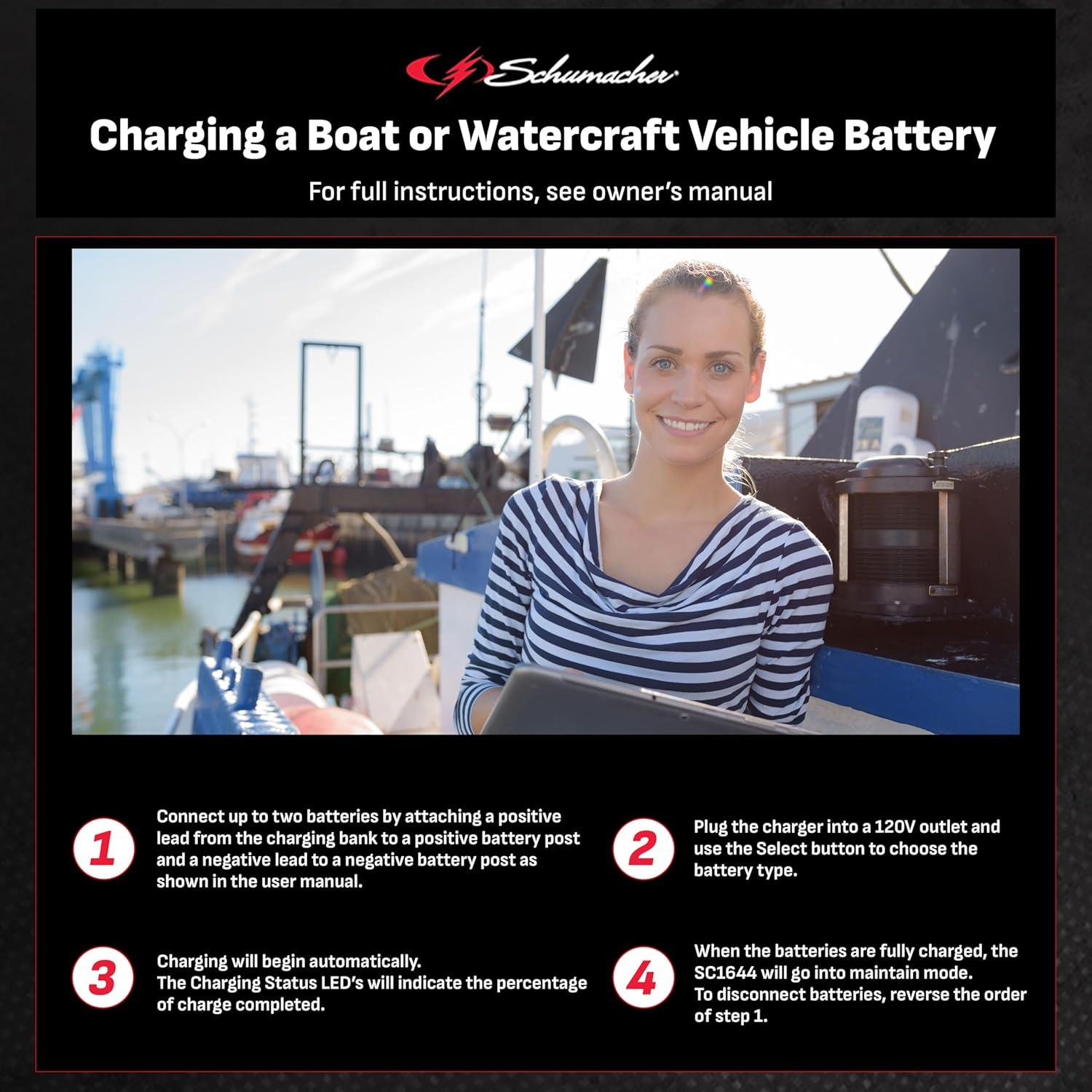imageSchumacher Electric Ship n Shore TwoBank OnBoard 15A Car Battery Charger and Maintainer 2in1 Solution Sequential Charging for Power Sport Automotive and Marine Batteries SC16442 Bank