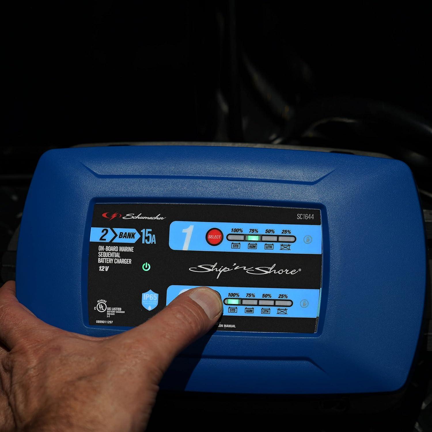imageSchumacher Electric Ship n Shore TwoBank OnBoard 15A Car Battery Charger and Maintainer 2in1 Solution Sequential Charging for Power Sport Automotive and Marine Batteries SC16442 Bank