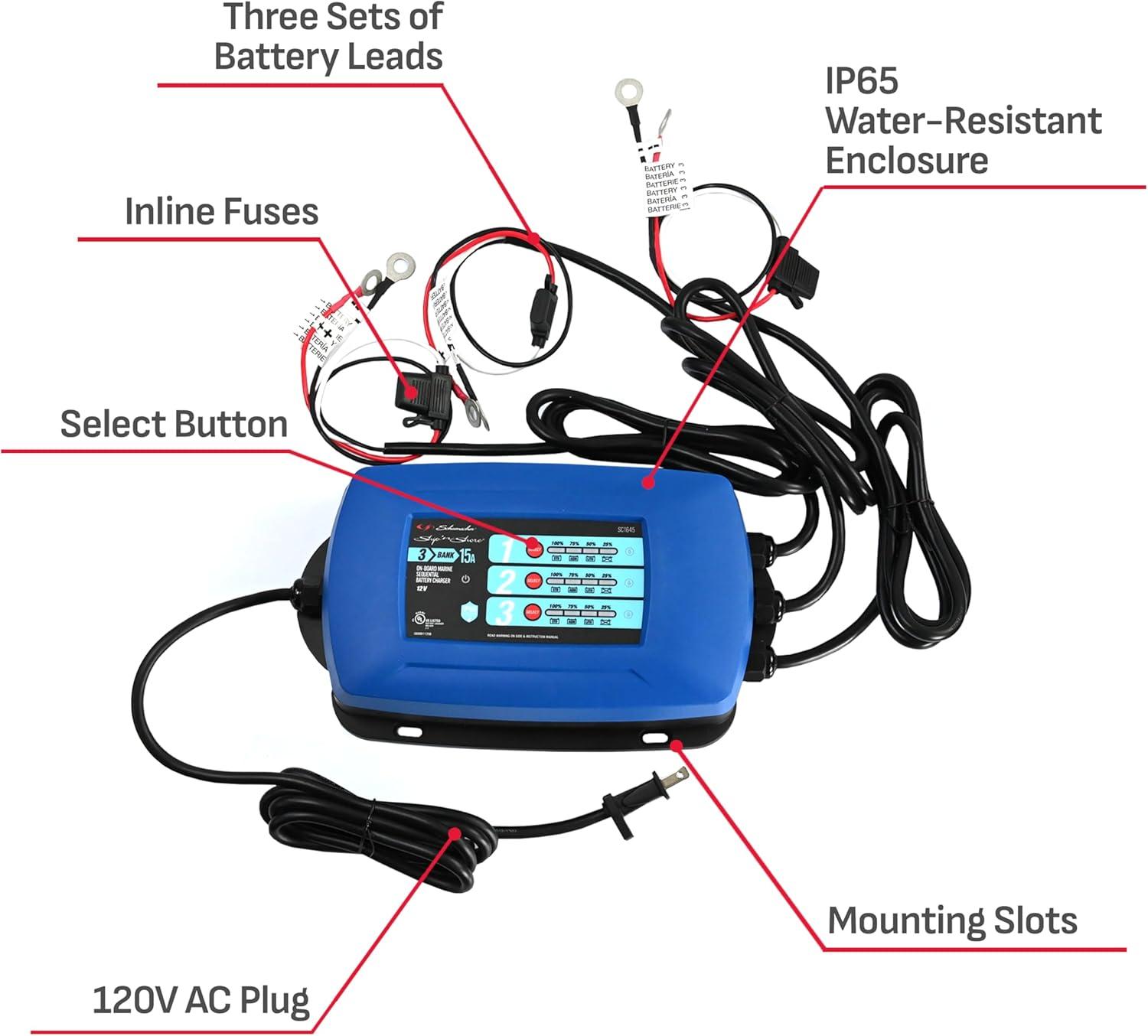 imageSchumacher Electric Ship n Shore TwoBank OnBoard 15A Car Battery Charger and Maintainer 2in1 Solution Sequential Charging for Power Sport Automotive and Marine Batteries SC16443 Bank