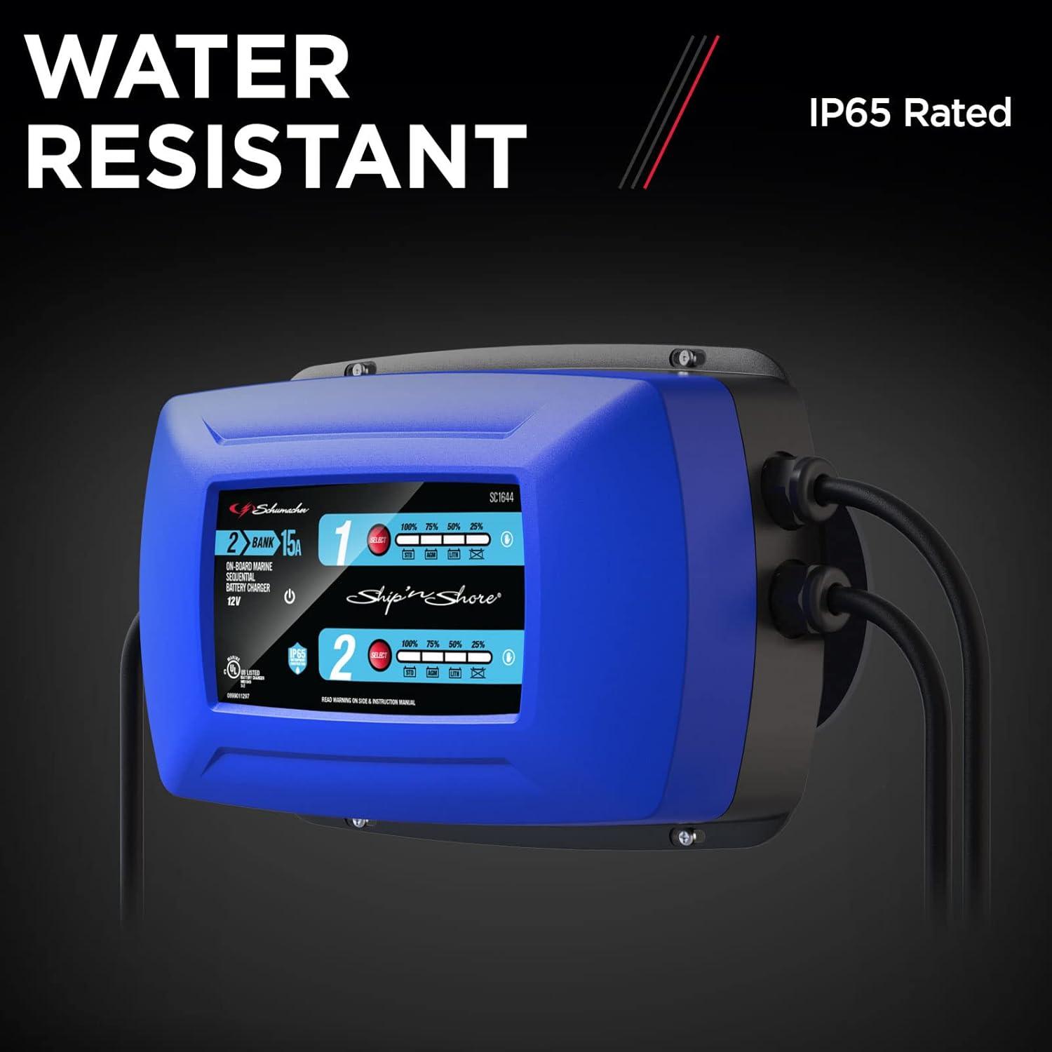 imageSchumacher Electric Ship n Shore TwoBank OnBoard 15A Car Battery Charger and Maintainer 2in1 Solution Sequential Charging for Power Sport Automotive and Marine Batteries SC16442 Bank