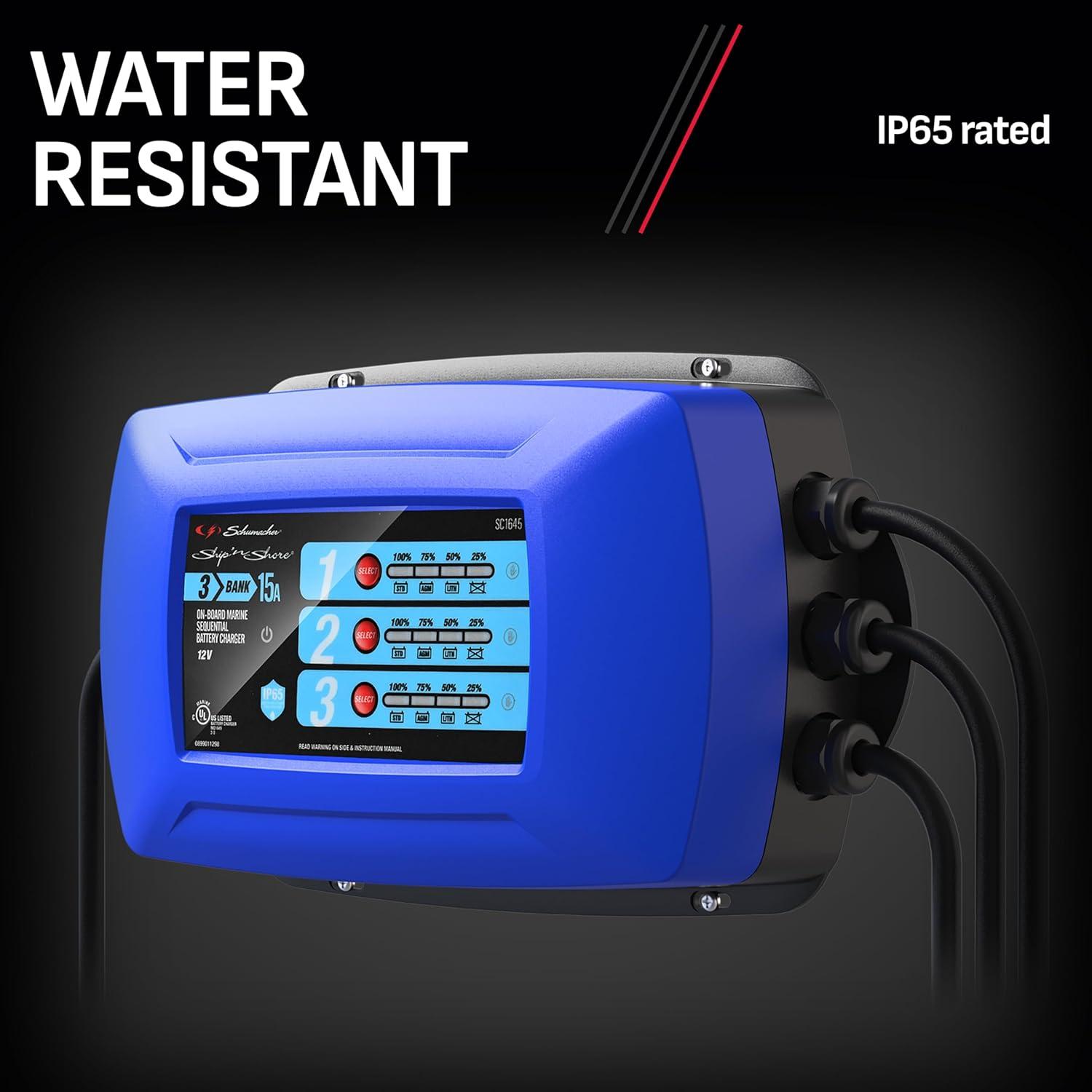 imageSchumacher Electric Ship n Shore TwoBank OnBoard 15A Car Battery Charger and Maintainer 2in1 Solution Sequential Charging for Power Sport Automotive and Marine Batteries SC16443 Bank