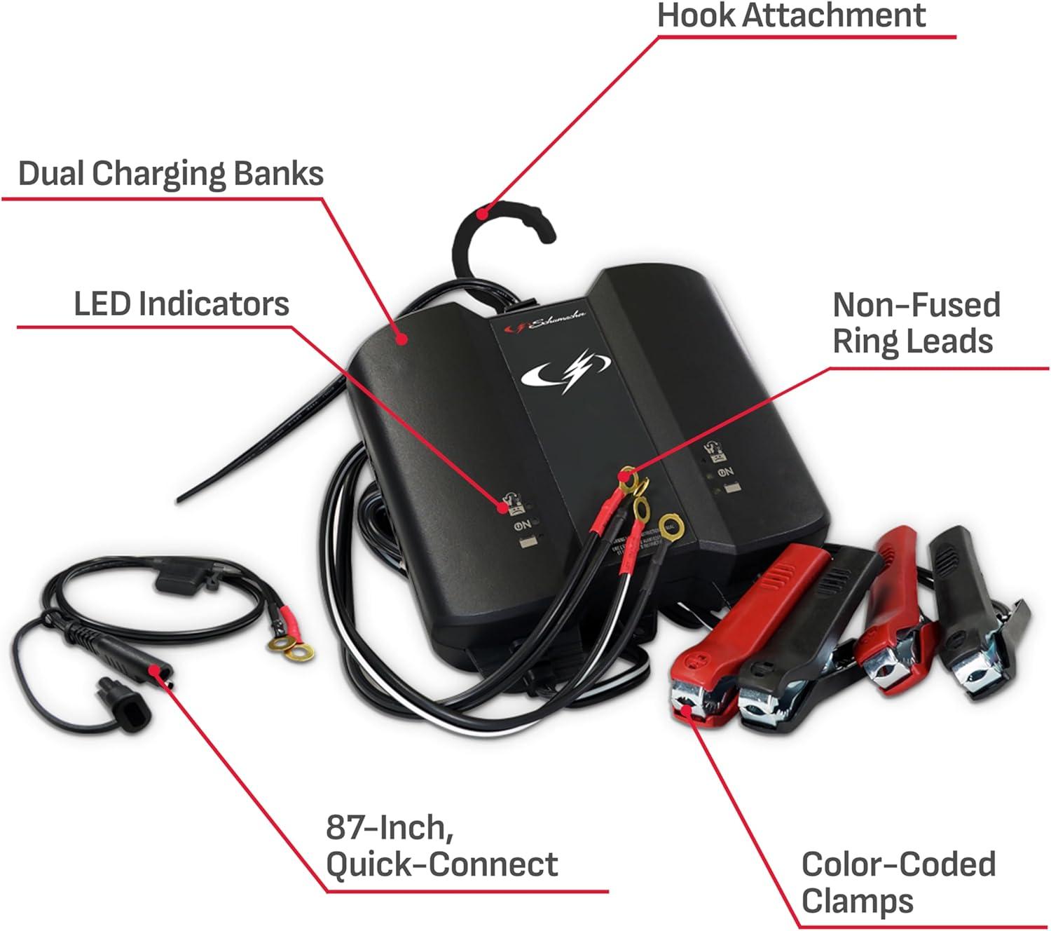 imageSchumacher Electric TwoBank 2A Car Battery Charger and Maintainer 2in1 Solution Simultaneous Charging for 6V12V Power Sport Automotive and Marine Batteries SC1410