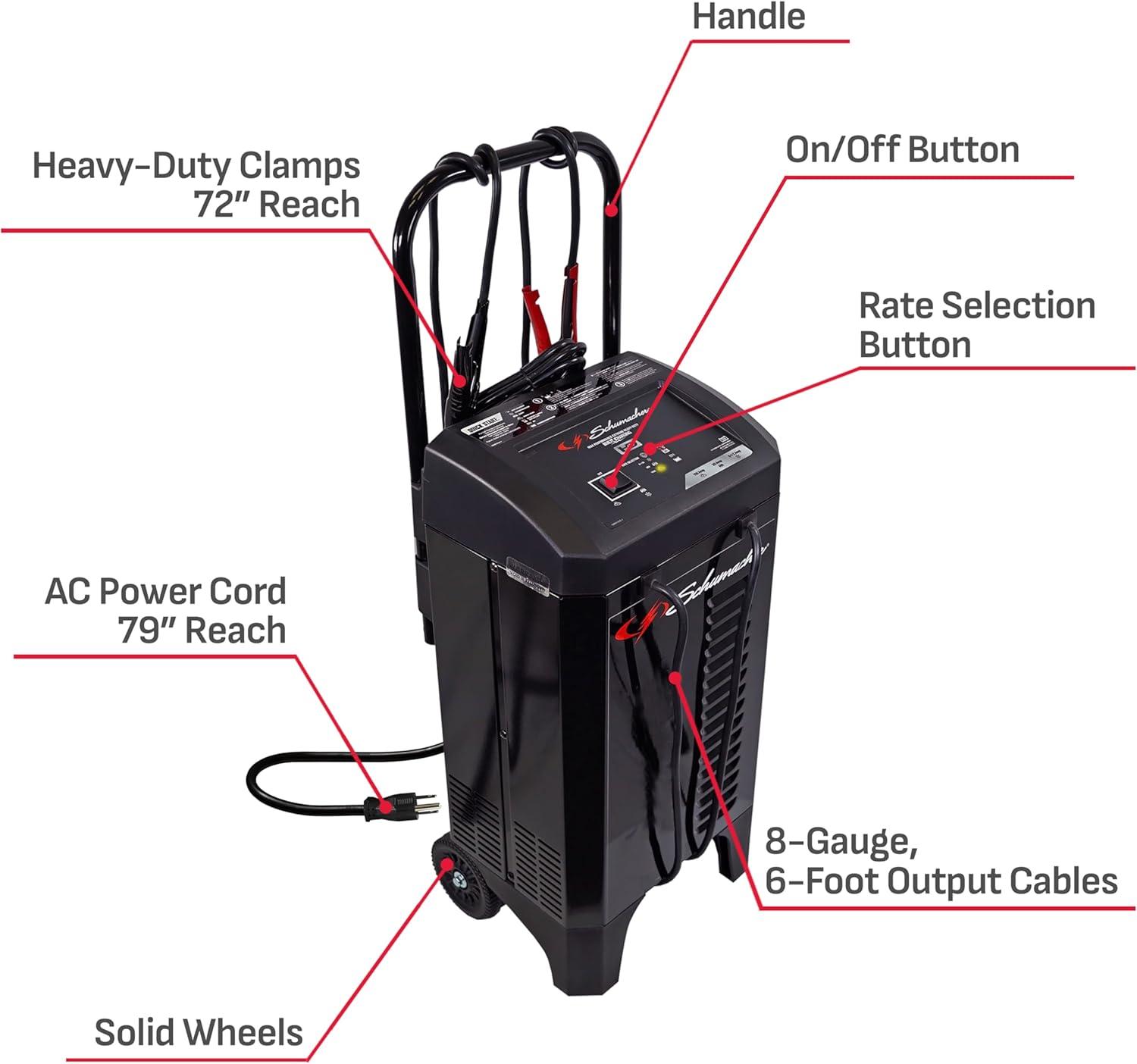 imageSchumacher Electric Wheeled Automatic 6A Car Battery Charger and 150A Engine Starter 4in1 Solution Maintainer 20A Boost for 12V Automotive and Marine Batteries SC1364