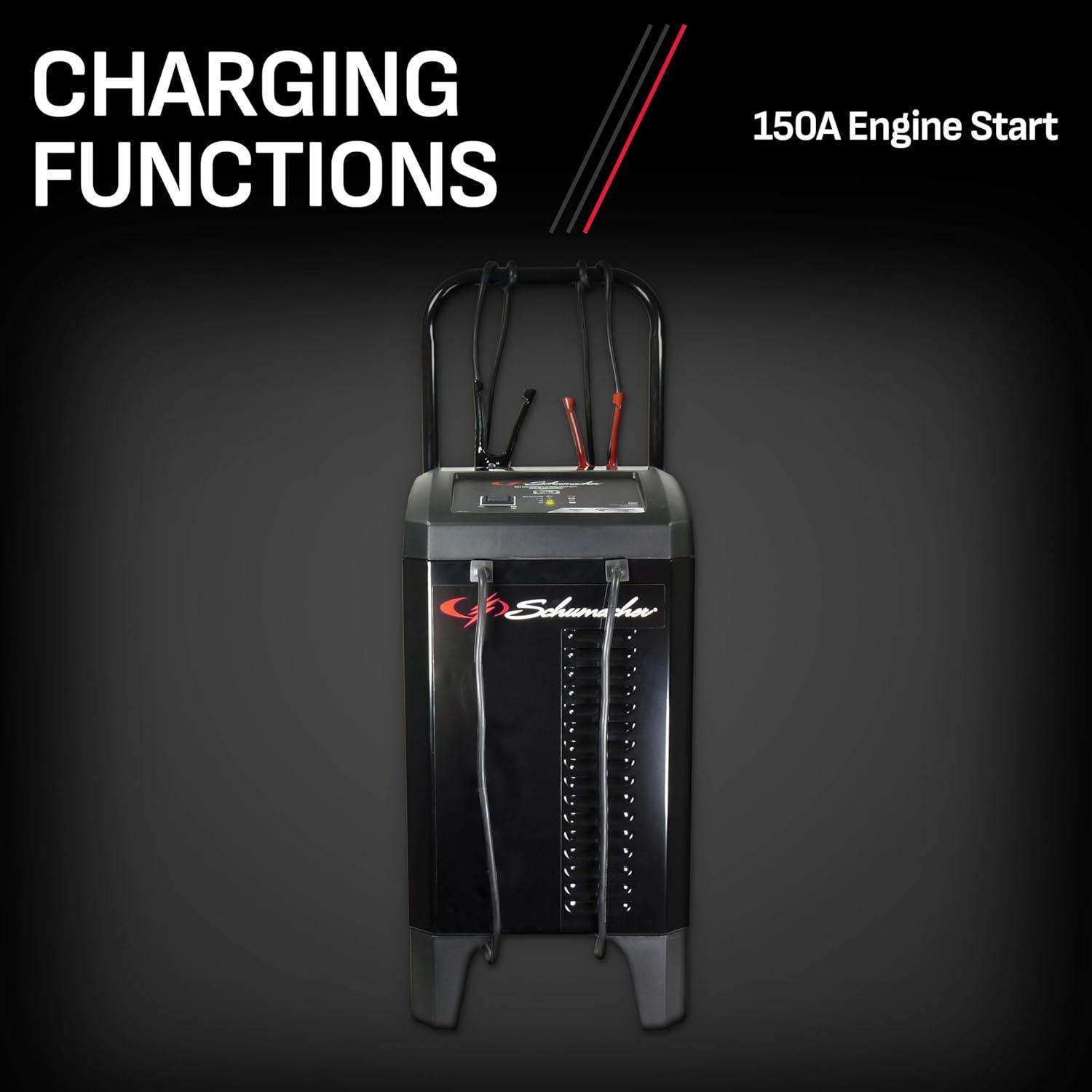 imageSchumacher Electric Wheeled Automatic 6A Car Battery Charger and 150A Engine Starter 4in1 Solution Maintainer 20A Boost for 12V Automotive and Marine Batteries SC1364