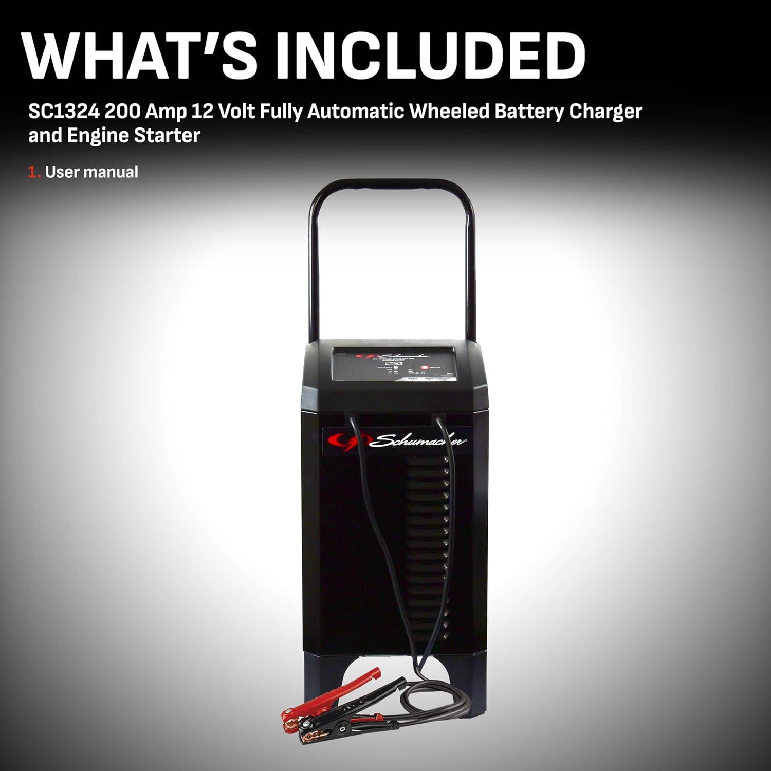 imageSchumacher Electric Wheeled Automatic 6A Car Battery Charger and 200A Engine Starter 4in1 Solution Maintainer 40A Boost for 12V Power Sport Automotive and Marine Batteries SC132412V 40200A