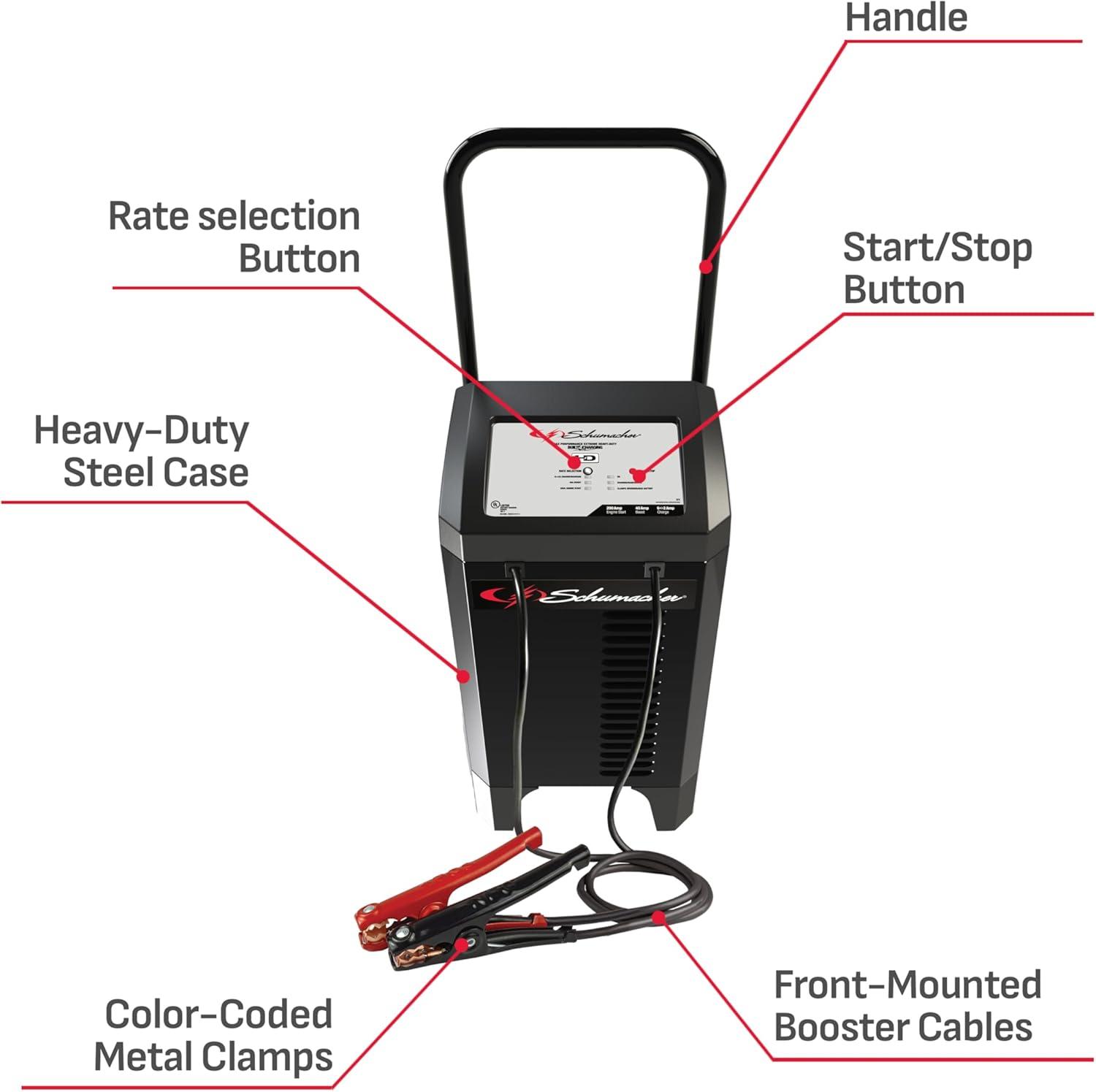 imageSchumacher Electric Wheeled Automatic 6A Car Battery Charger and 200A Engine Starter 4in1 Solution Maintainer 40A Boost for 12V Power Sport Automotive and Marine Batteries SC1285