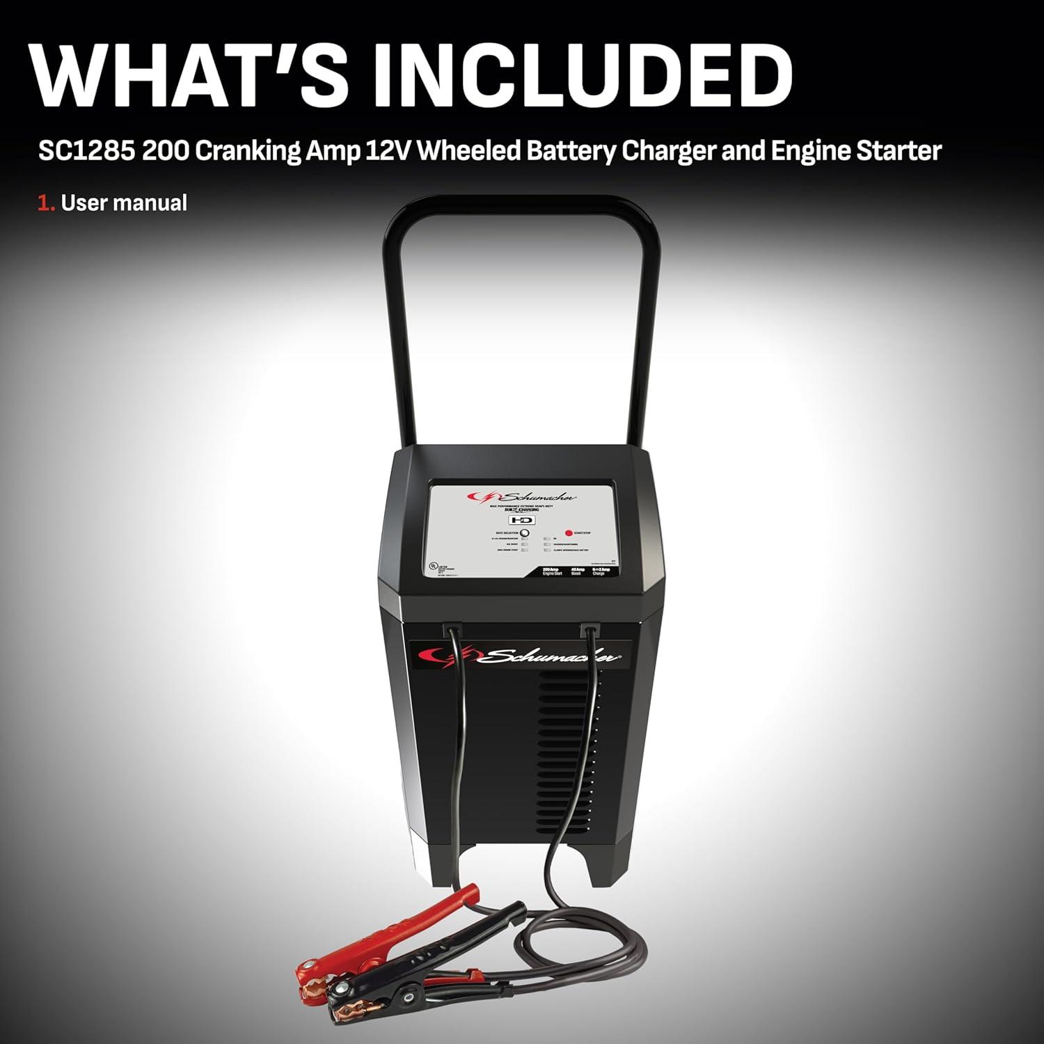 imageSchumacher Electric Wheeled Automatic 6A Car Battery Charger and 200A Engine Starter 4in1 Solution Maintainer 40A Boost for 12V Power Sport Automotive and Marine Batteries SC1285