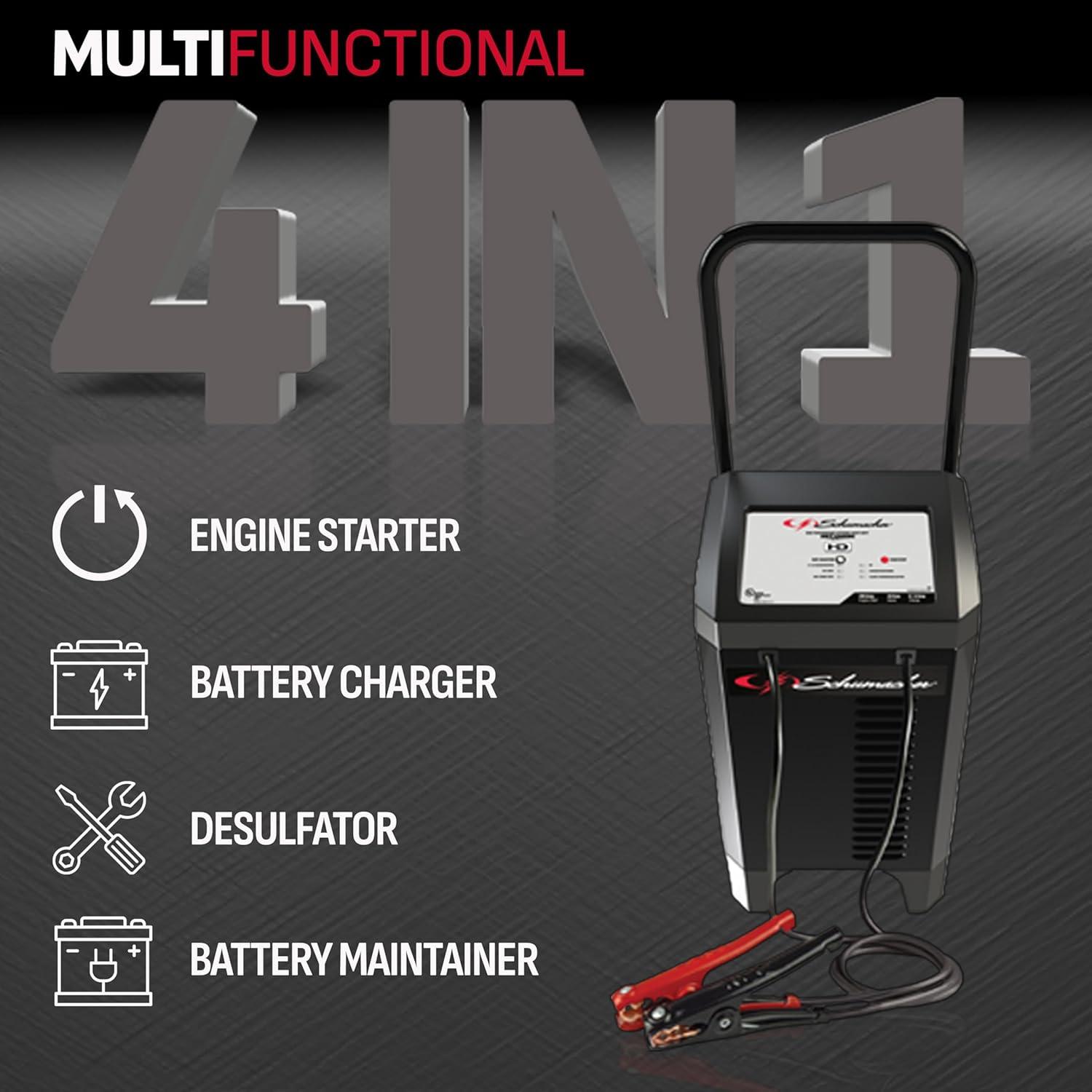 imageSchumacher Electric Wheeled Automatic 6A Car Battery Charger and 200A Engine Starter 4in1 Solution Maintainer 40A Boost for 12V Power Sport Automotive and Marine Batteries SC1285