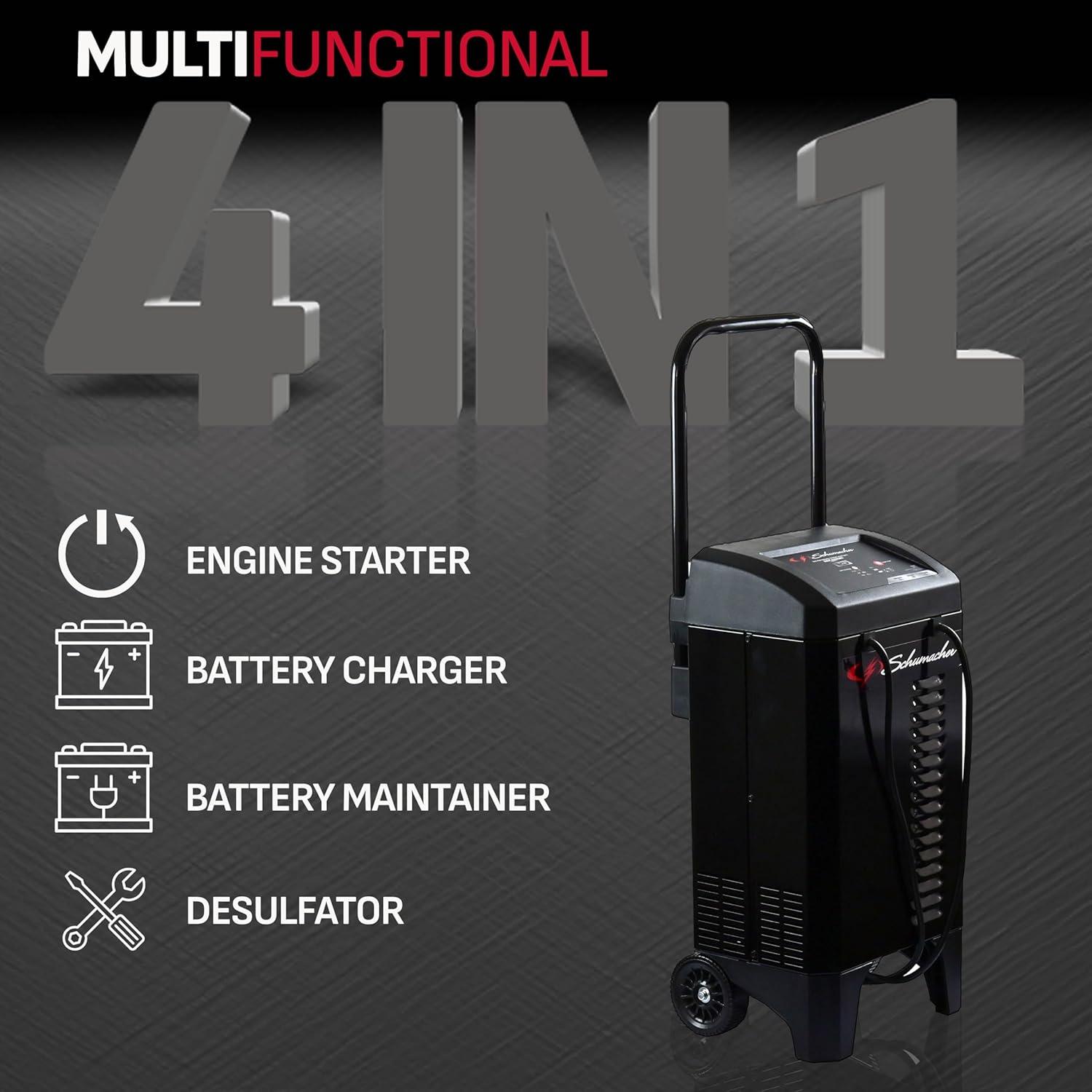 imageSchumacher Electric Wheeled Automatic 6A Car Battery Charger and 200A Engine Starter 4in1 Solution Maintainer 40A Boost for 12V Power Sport Automotive and Marine Batteries SC132412V 40200A