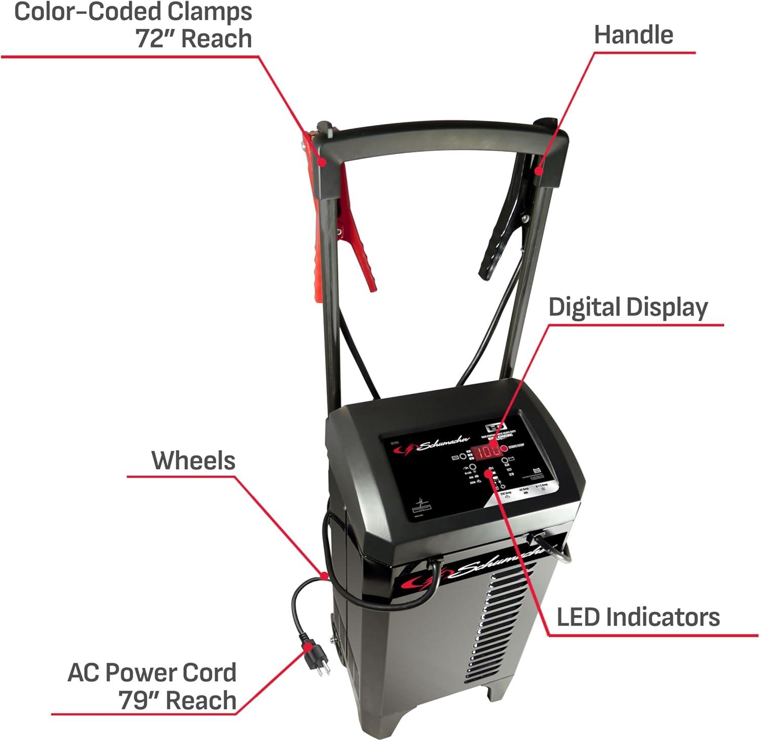 imageSchumacher Electric Wheeled Automatic 6A Car Battery Charger and 200A Engine Starter 4in1 Solution Maintainer 40A Boost for 12V Power Sport Automotive and Marine Batteries SC1324612V 40250A