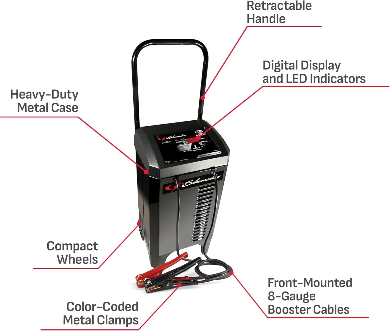 imageSchumacher Electric Wheeled Automatic 6A Car Battery Charger and 200A Engine Starter 6in1 Solution Maintainer 40A Boost for 6V12V Power Sport Automotive and Marine Batteries SC1309612V 40200A