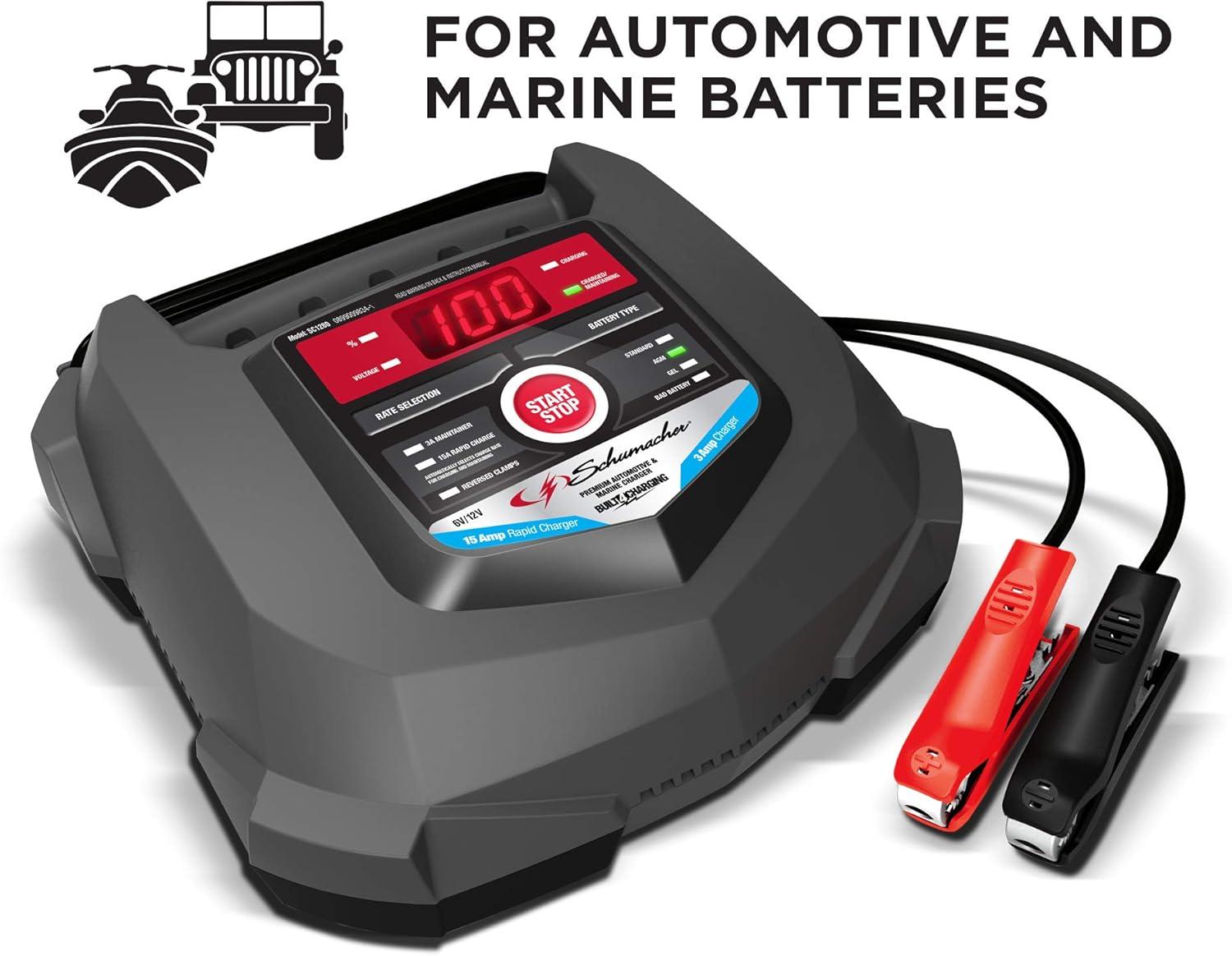 imageSchumacher Electric Wheeled Automatic 6A Car Battery Charger and 200A Engine Starter 6in1 Solution Maintainer 40A Boost for 6V12V Power Sport Automotive and Marine Batteries SC1309612V 40200A