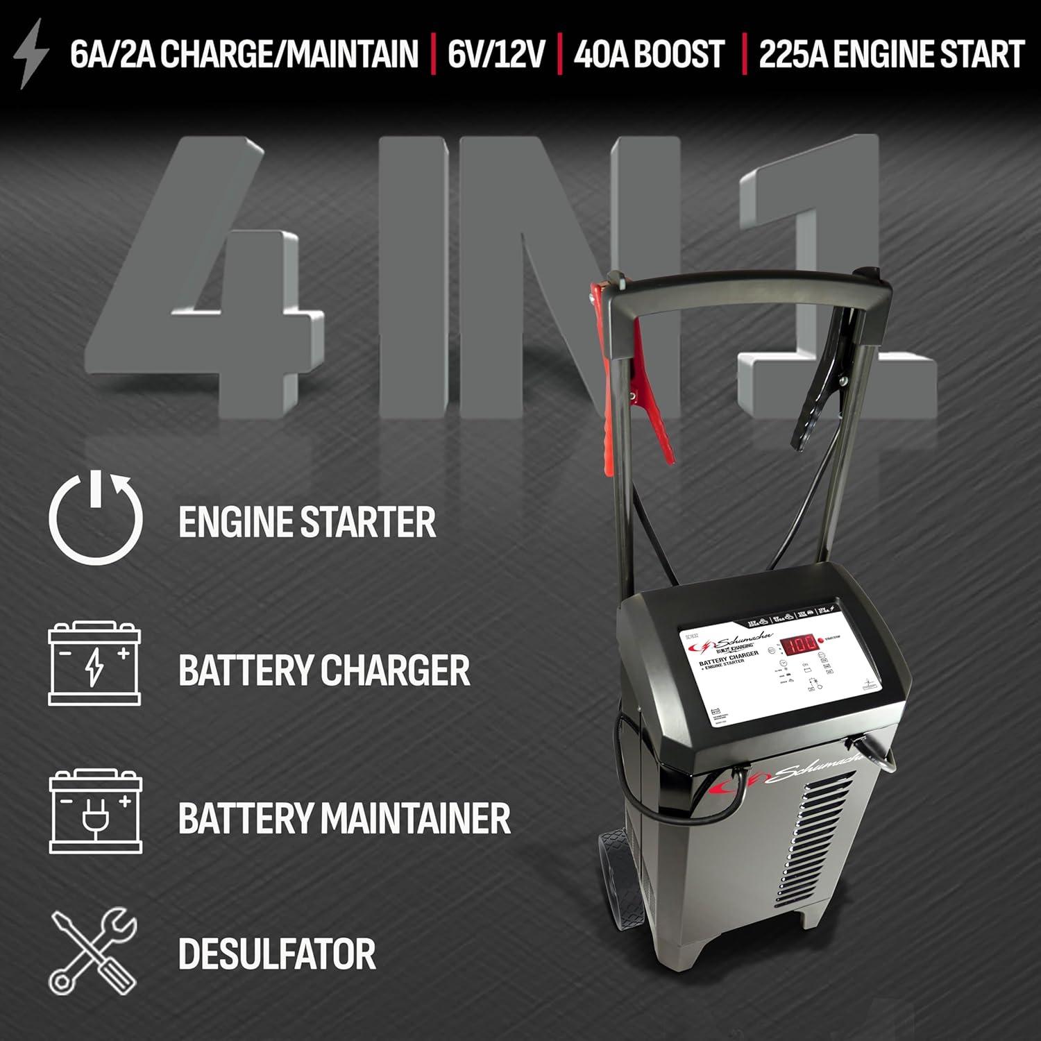 imageSchumacher Electric Wheeled Automatic 6A Car Battery Charger and 225A Engine Starter 4in1 Solution for 6V12V Batteries Maintainer 40A Boost for Automotive and Marine Batteries SC1632