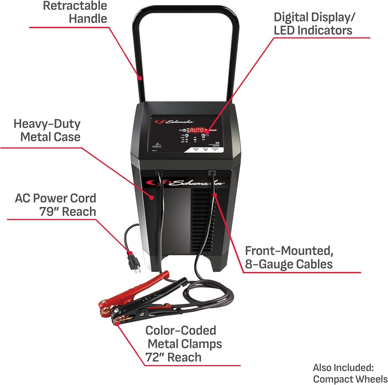 imageSchumacher Electric Wheeled Automatic 6A Car Battery Charger and 300A Engine Starter 4in1 Solution Maintainer 60A Boost for 6V12V Power Sport Automotive and Marine Batteries SC140040200A