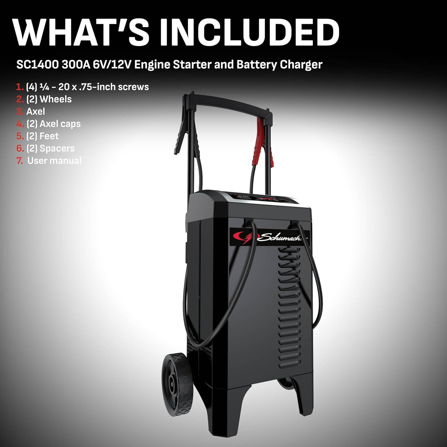 imageSchumacher Electric Wheeled Automatic 6A Car Battery Charger and 300A Engine Starter 4in1 Solution Maintainer 60A Boost for 6V12V Power Sport Automotive and Marine Batteries SC1400Wheel Battery Charger