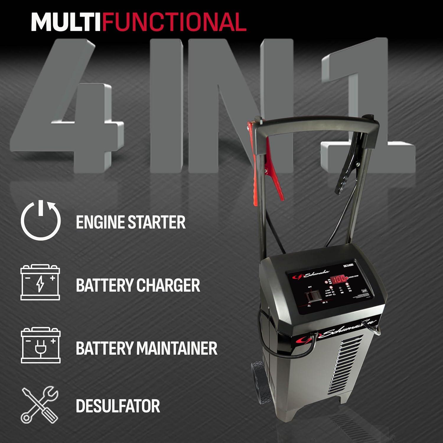 imageSchumacher Electric Wheeled Automatic 6A Car Battery Charger and 300A Engine Starter 4in1 Solution Maintainer 60A Boost for 6V12V Power Sport Automotive and Marine Batteries SC1400Wheel Battery Charger