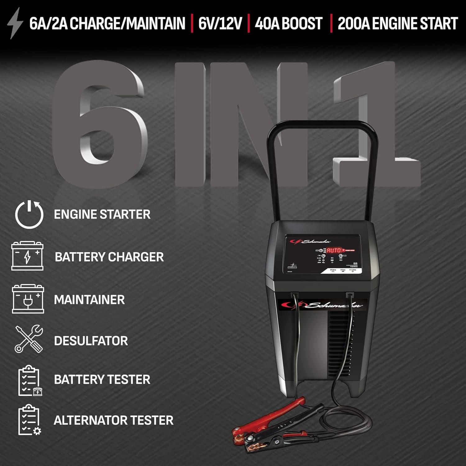 imageSchumacher Electric Wheeled Automatic 6A Car Battery Charger and 300A Engine Starter 4in1 Solution Maintainer 60A Boost for 6V12V Power Sport Automotive and Marine Batteries SC140040200A