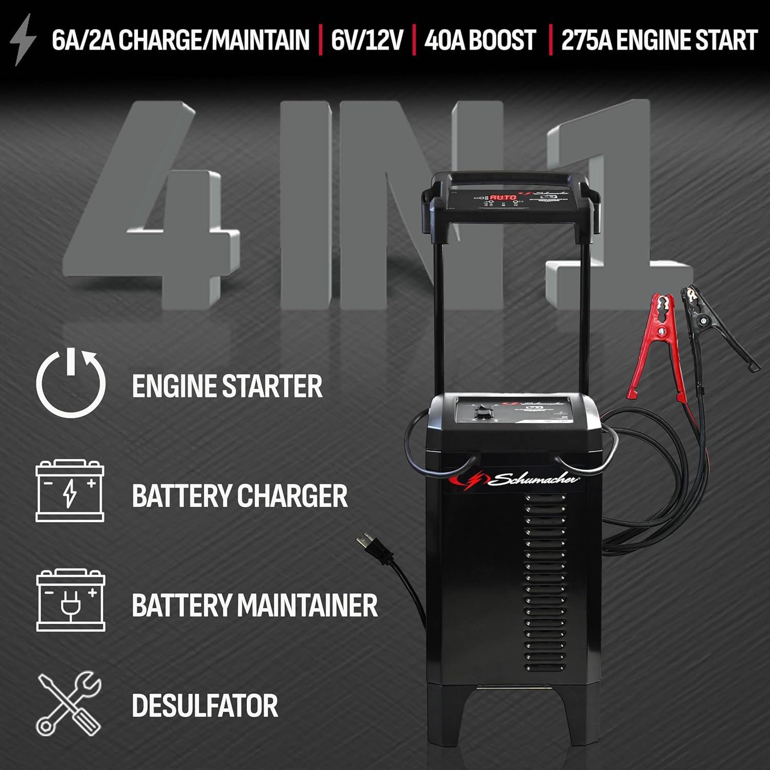 imageSchumacher Electric Wheeled Automatic 6A Car Battery Charger and 300A Engine Starter 4in1 Solution Maintainer 60A Boost for 6V12V Power Sport Automotive and Marine Batteries SC1400125275A
