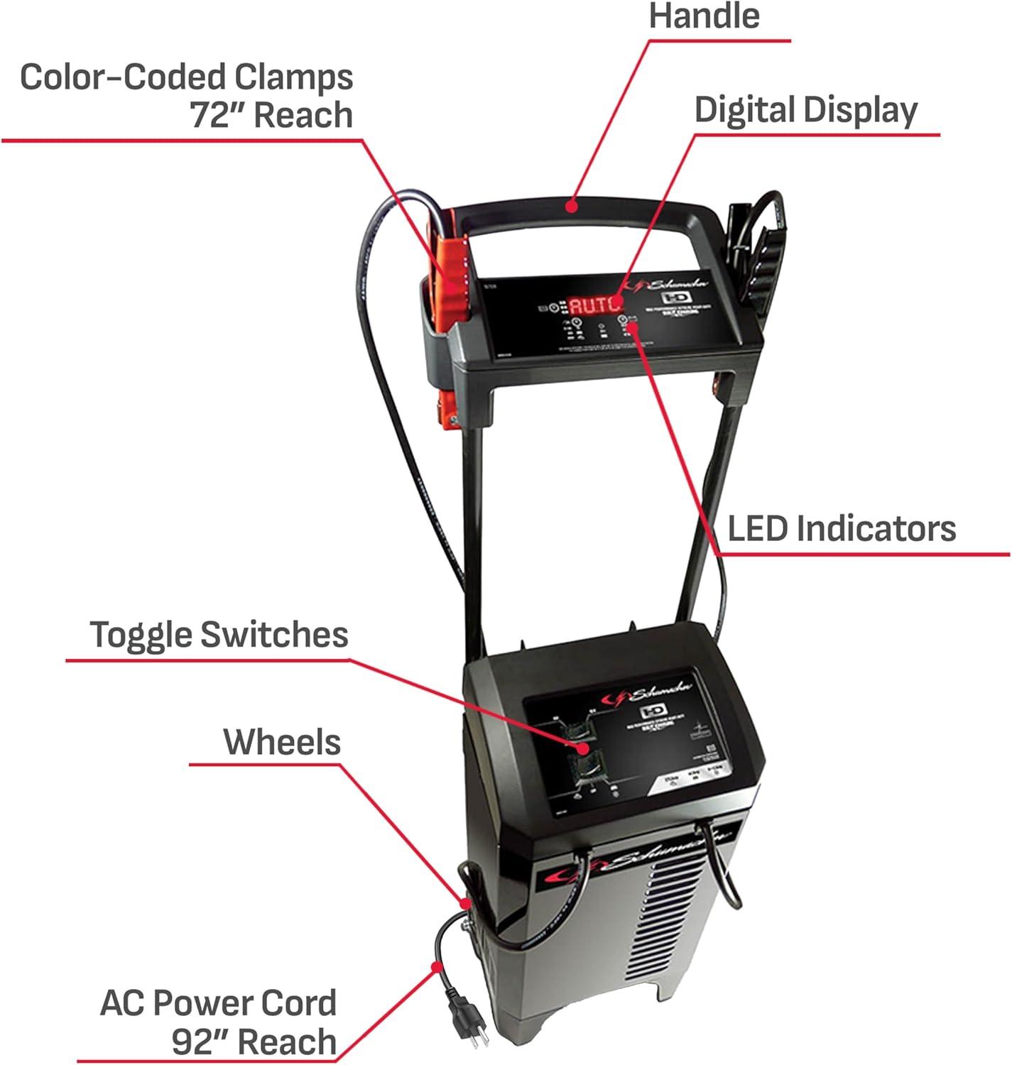 imageSchumacher Electric Wheeled Automatic 6A Car Battery Charger and 300A Engine Starter 4in1 Solution Maintainer 60A Boost for 6V12V Power Sport Automotive and Marine Batteries SC1400125275A