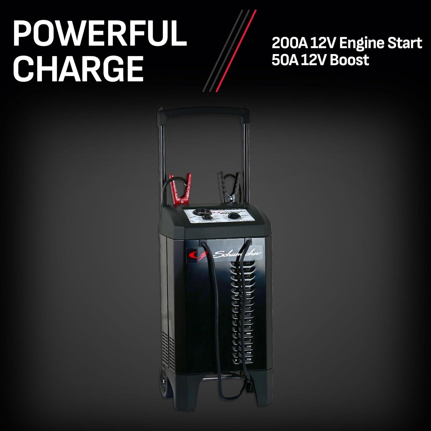 imageSchumacher Electric Wheeled Manual 10A Car Battery Charger and 200A Engine Starter 2in1 Solution 50A Boost for 12V24V Power Sport Automotive and Marine Batteries SC1633