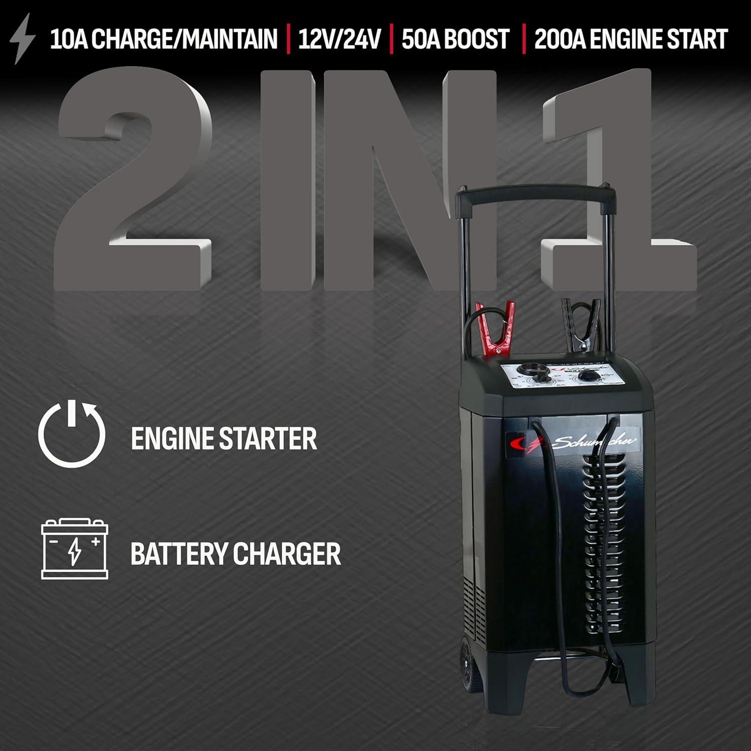 imageSchumacher Electric Wheeled Manual 10A Car Battery Charger and 200A Engine Starter 2in1 Solution 50A Boost for 12V24V Power Sport Automotive and Marine Batteries SC1633